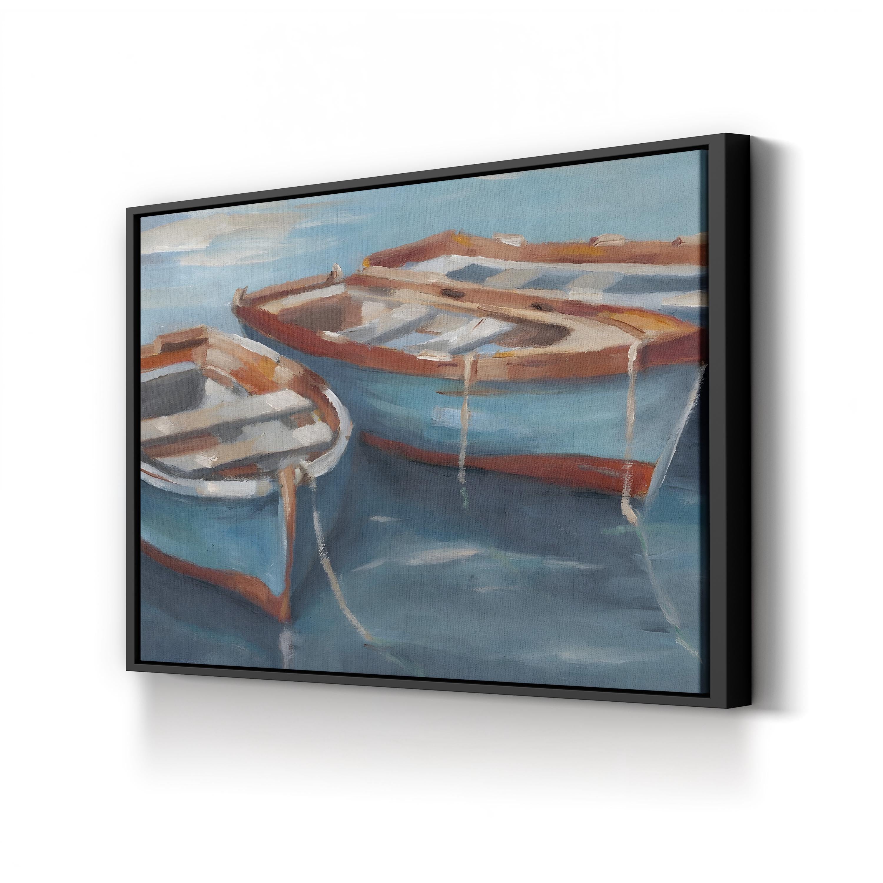 Tethered Row Boats II – Framed Coastal Nautical Landscape Canvas Art by Ethan Harper