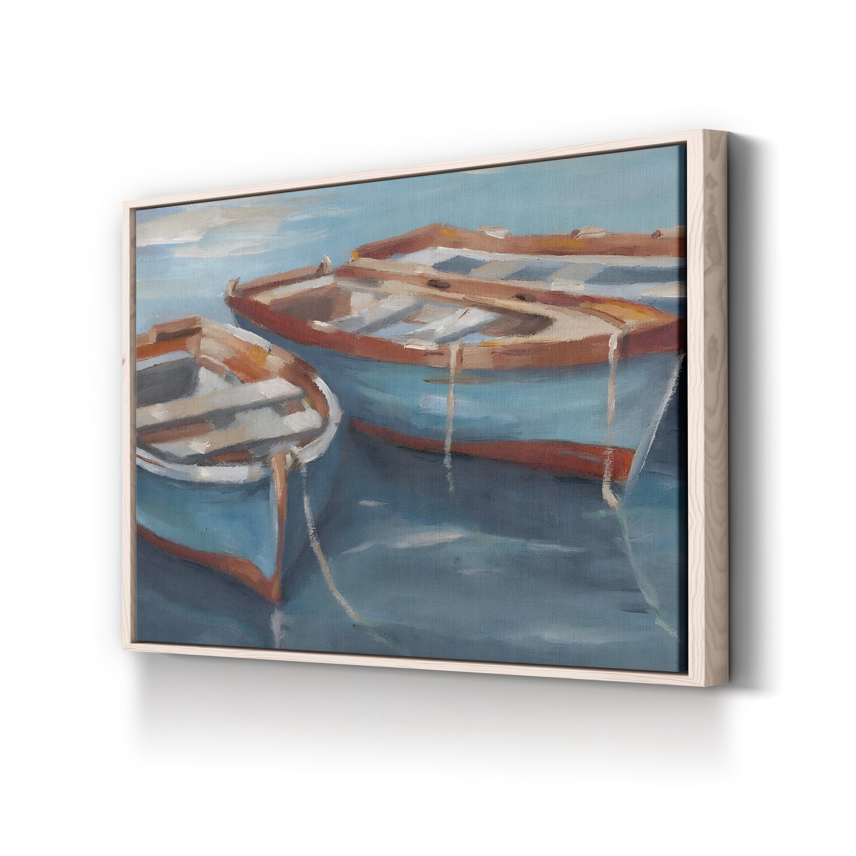 Tethered Row Boats II – Framed Coastal Nautical Landscape Canvas Art by Ethan Harper