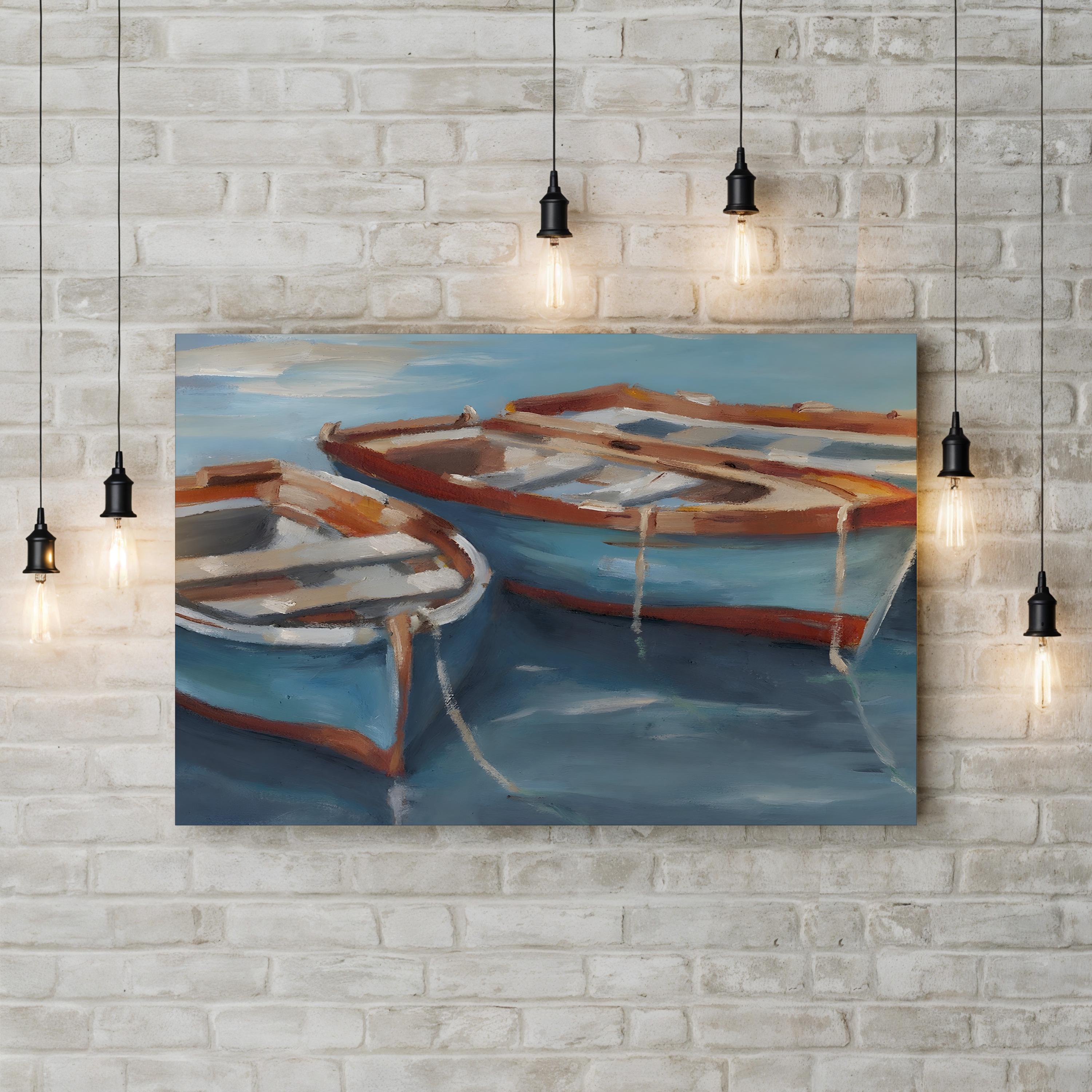 Tethered Row Boats II – Framed Coastal Nautical Landscape Canvas Art by Ethan Harper