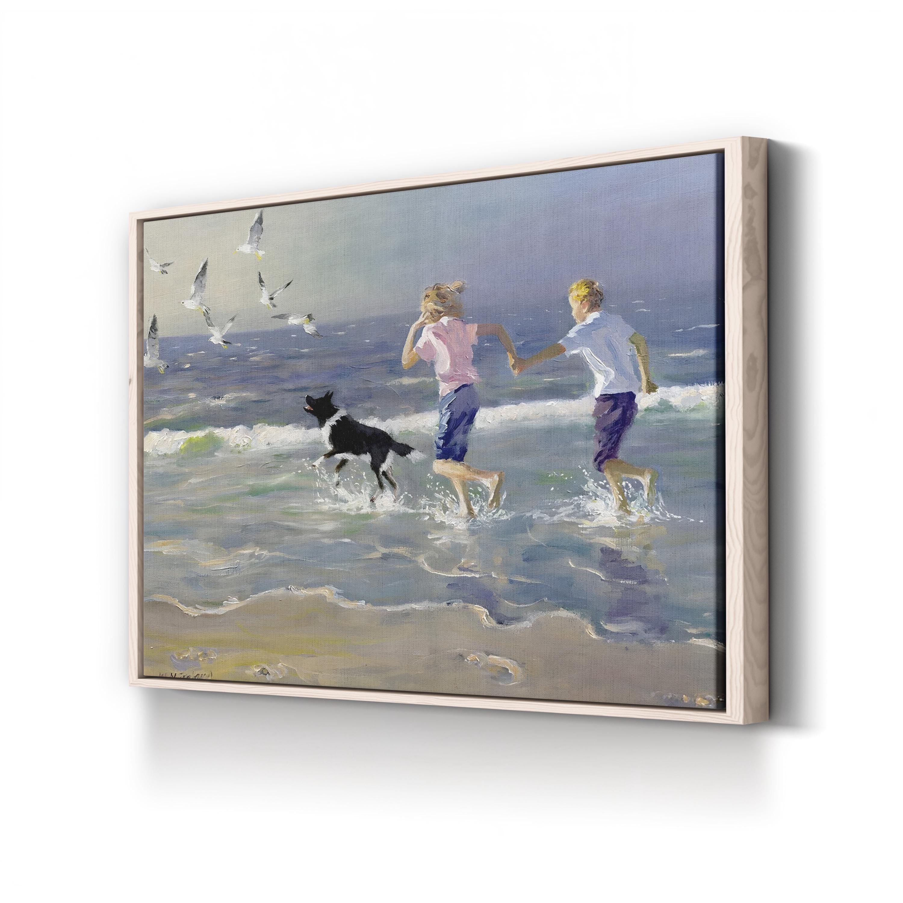 Children and Dog Beach Canvas Art Print: Coastal Ocean Landscape
