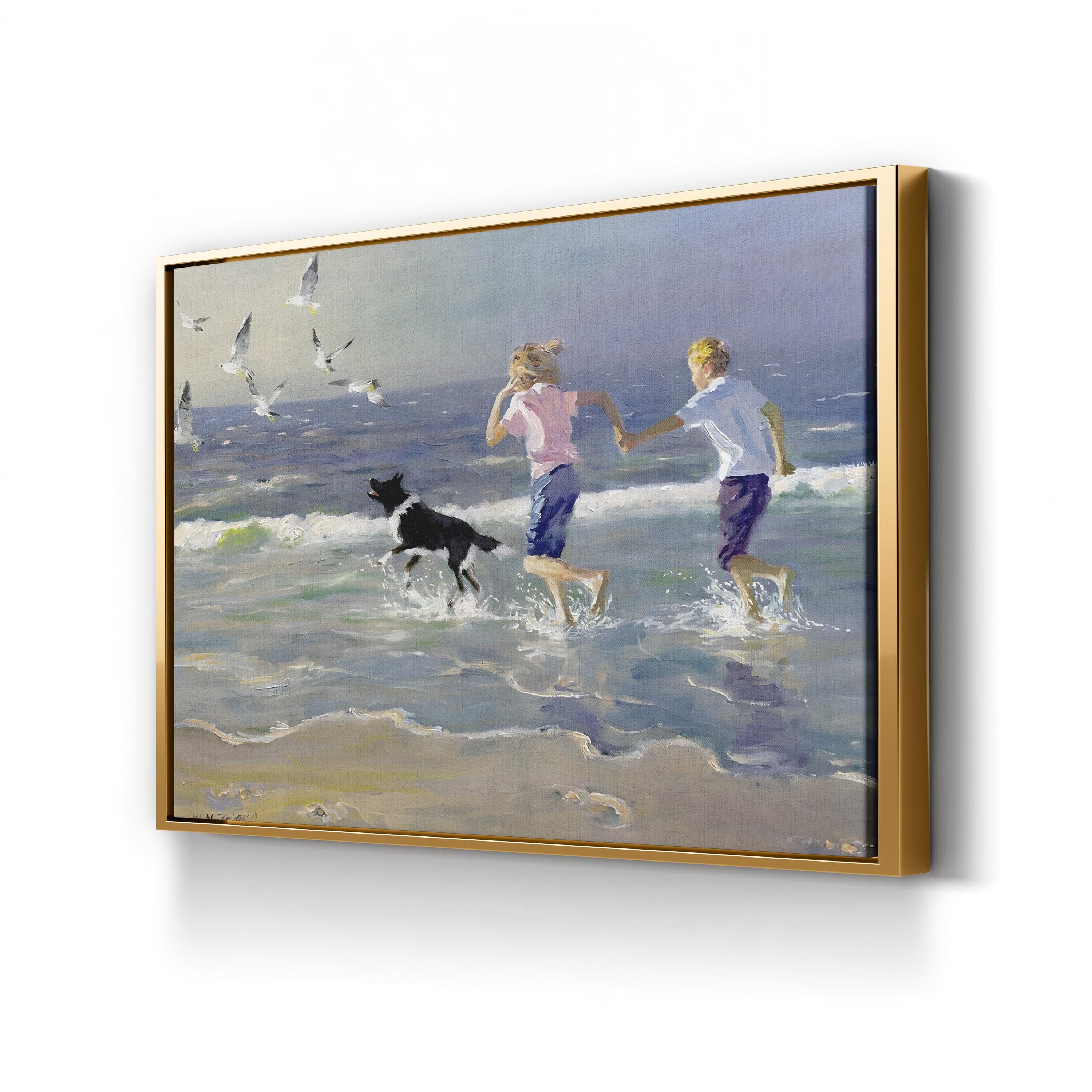 Children and Dog Beach Canvas Art Print: Coastal Ocean Landscape