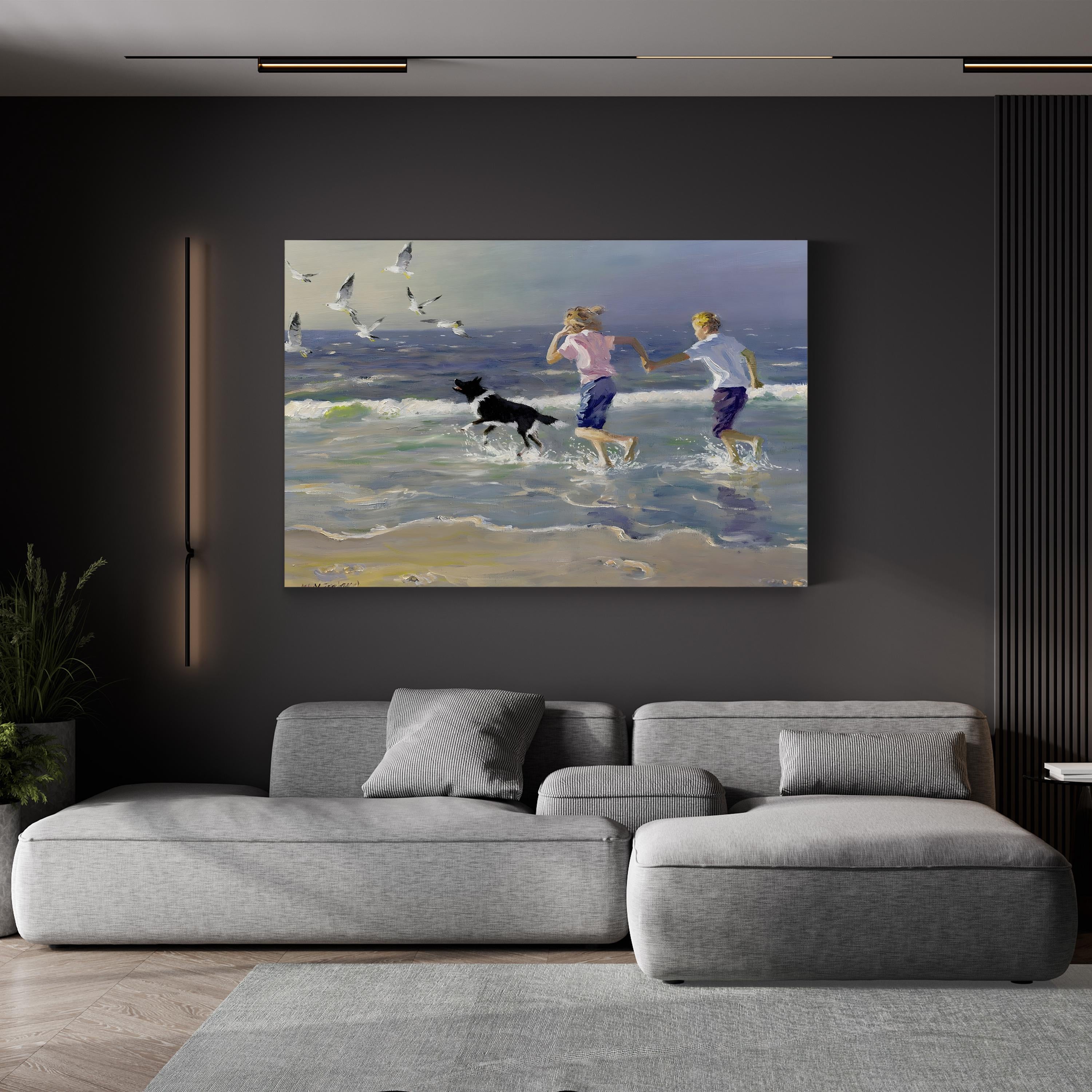 Children and Dog Beach Canvas Art Print: Coastal Ocean Landscape