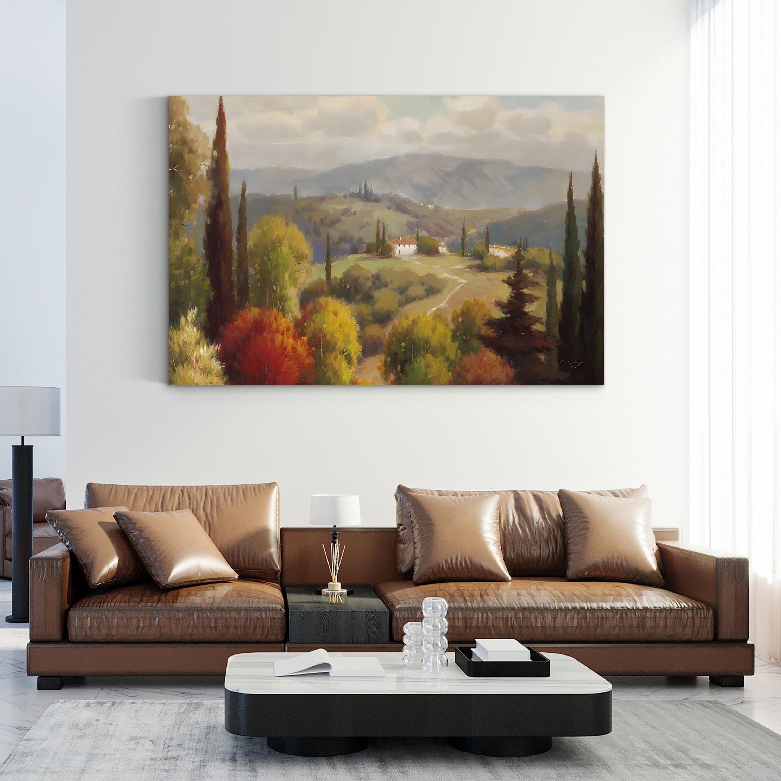 Tuscan Landscape Canvas Art: Rolling Hills and Villa, Mediterranean Countryside Painting
