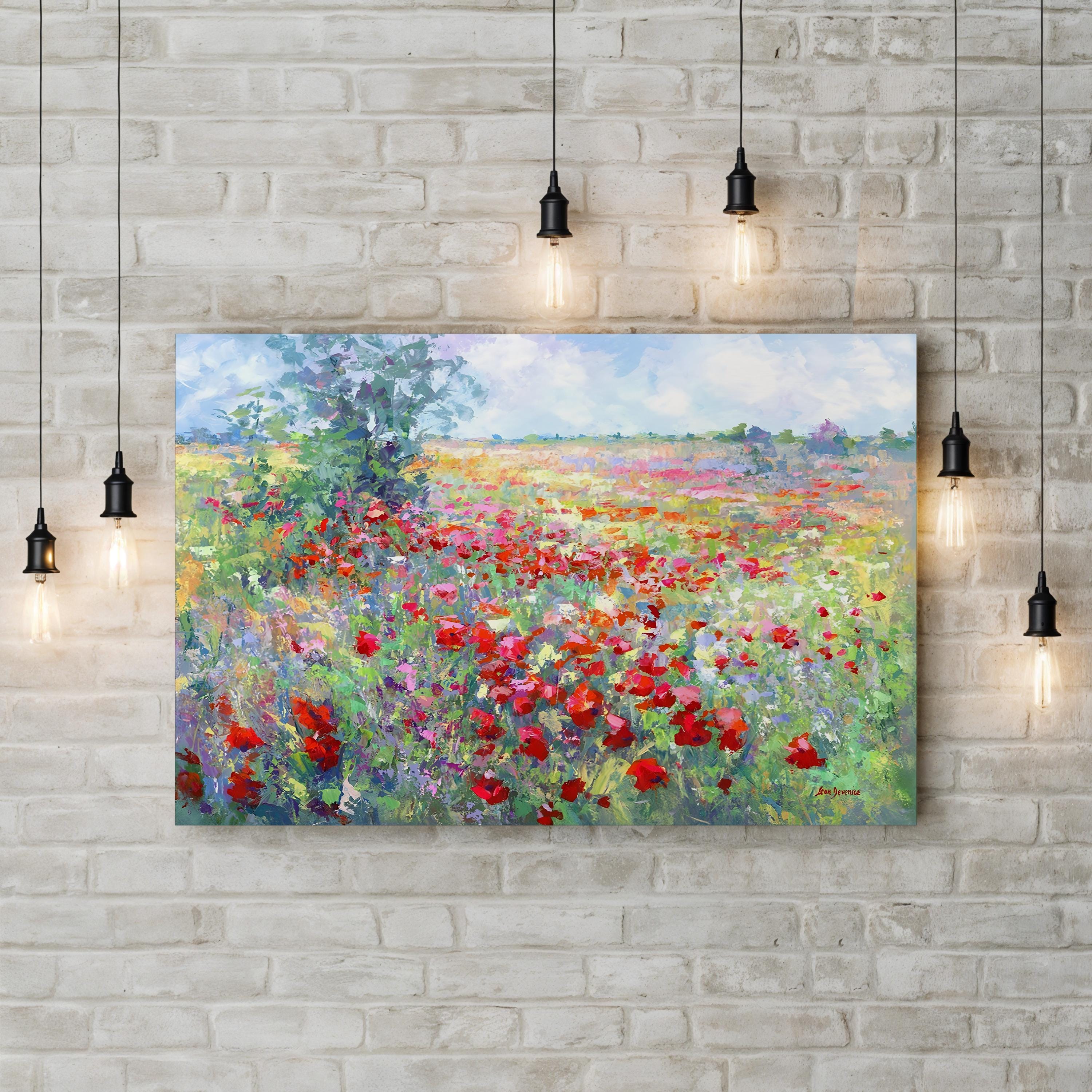 Tuscan Wildflower Field Canvas Wall Art: Contemporary Italian Landscape Painting