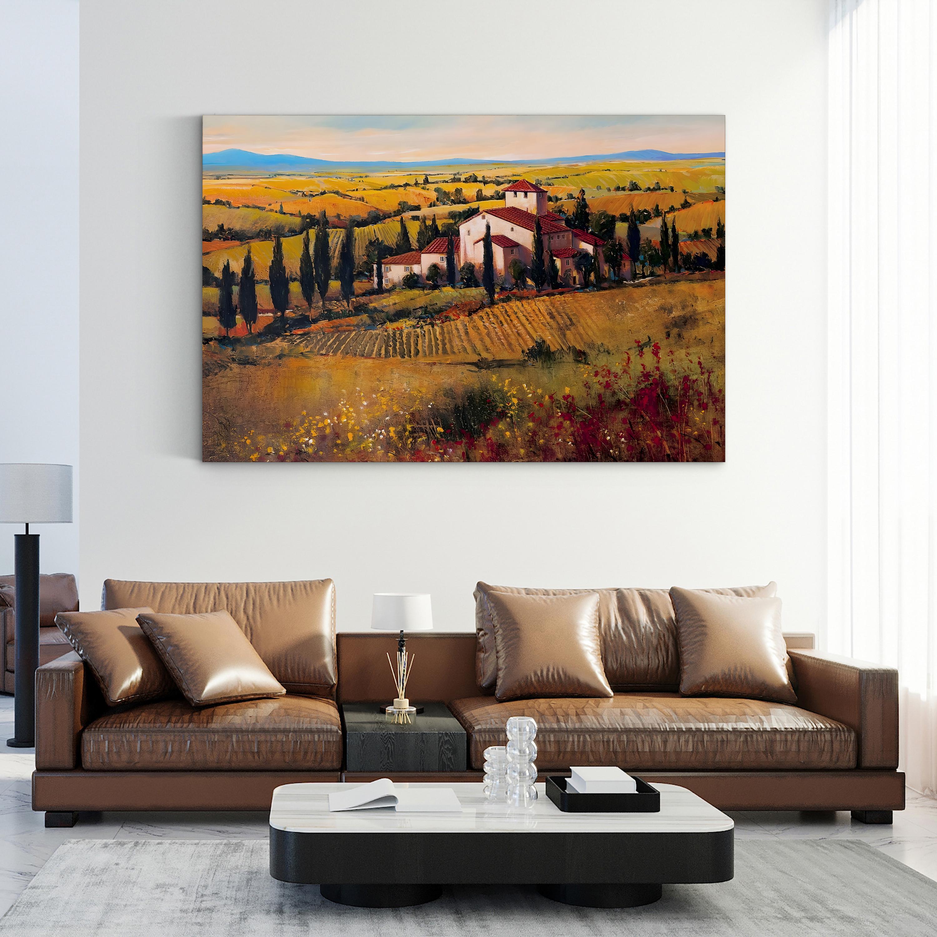 Tuscany Vineyard Canvas Art: Sunlit Rolling Hills, Mediterranean Decor