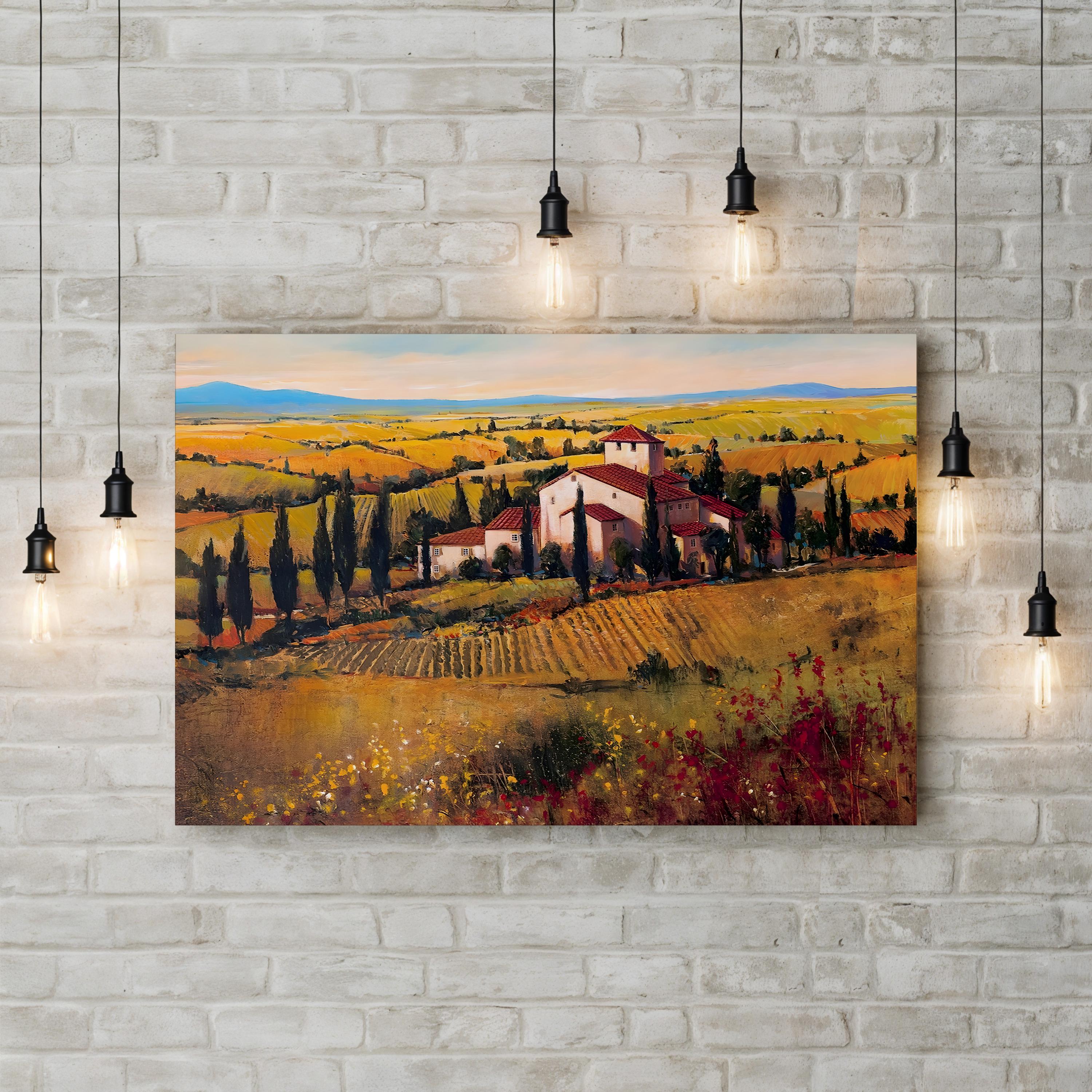 Tuscany Vineyard Canvas Art: Sunlit Rolling Hills, Mediterranean Decor
