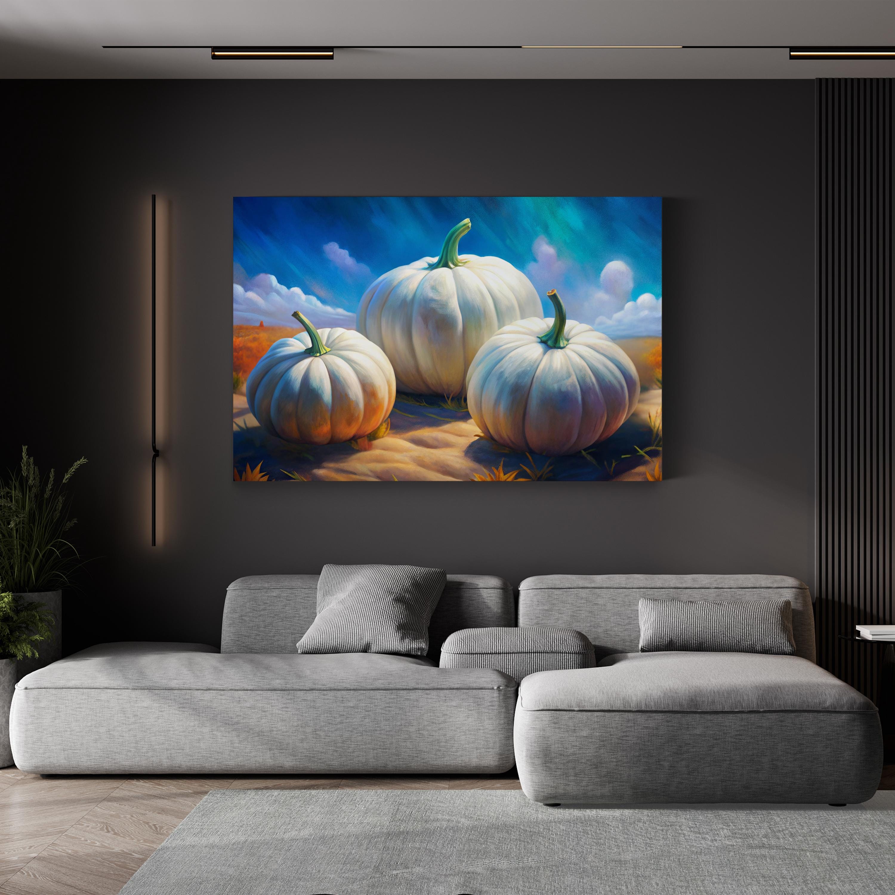 White Pumpkin Stack – Period Illustration Wall Art | Autumn Harvest Canvas Print