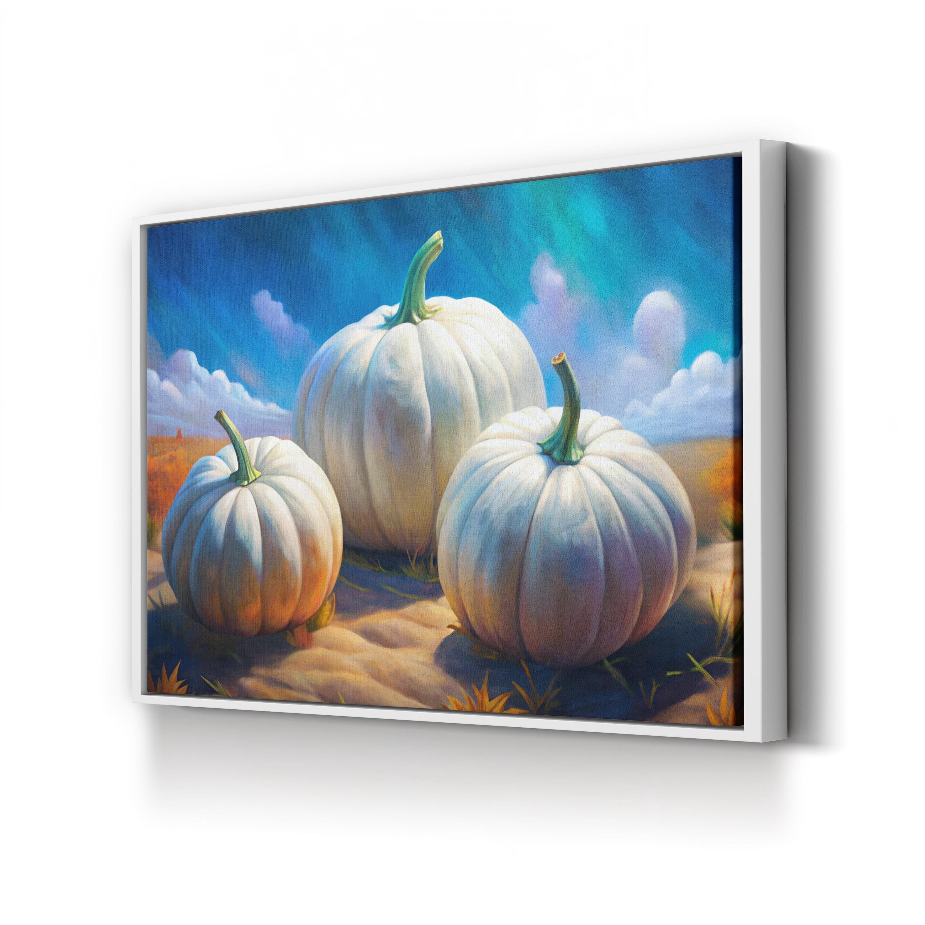 White Pumpkin Stack – Period Illustration Wall Art | Autumn Harvest Canvas Print