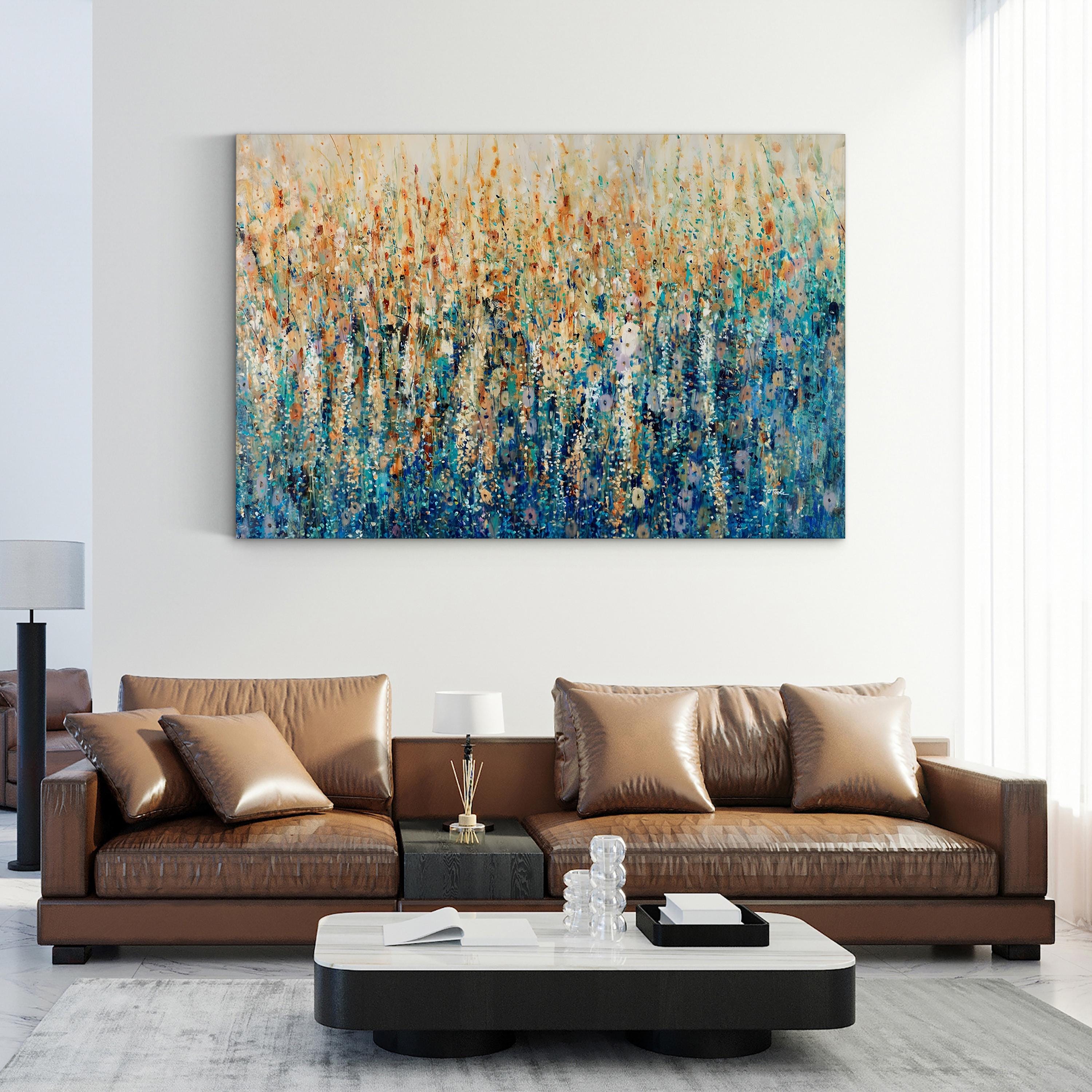 Blue Green Abstract Wildflowers – Period Illustration Wall Art | Modern Floral Canvas Print