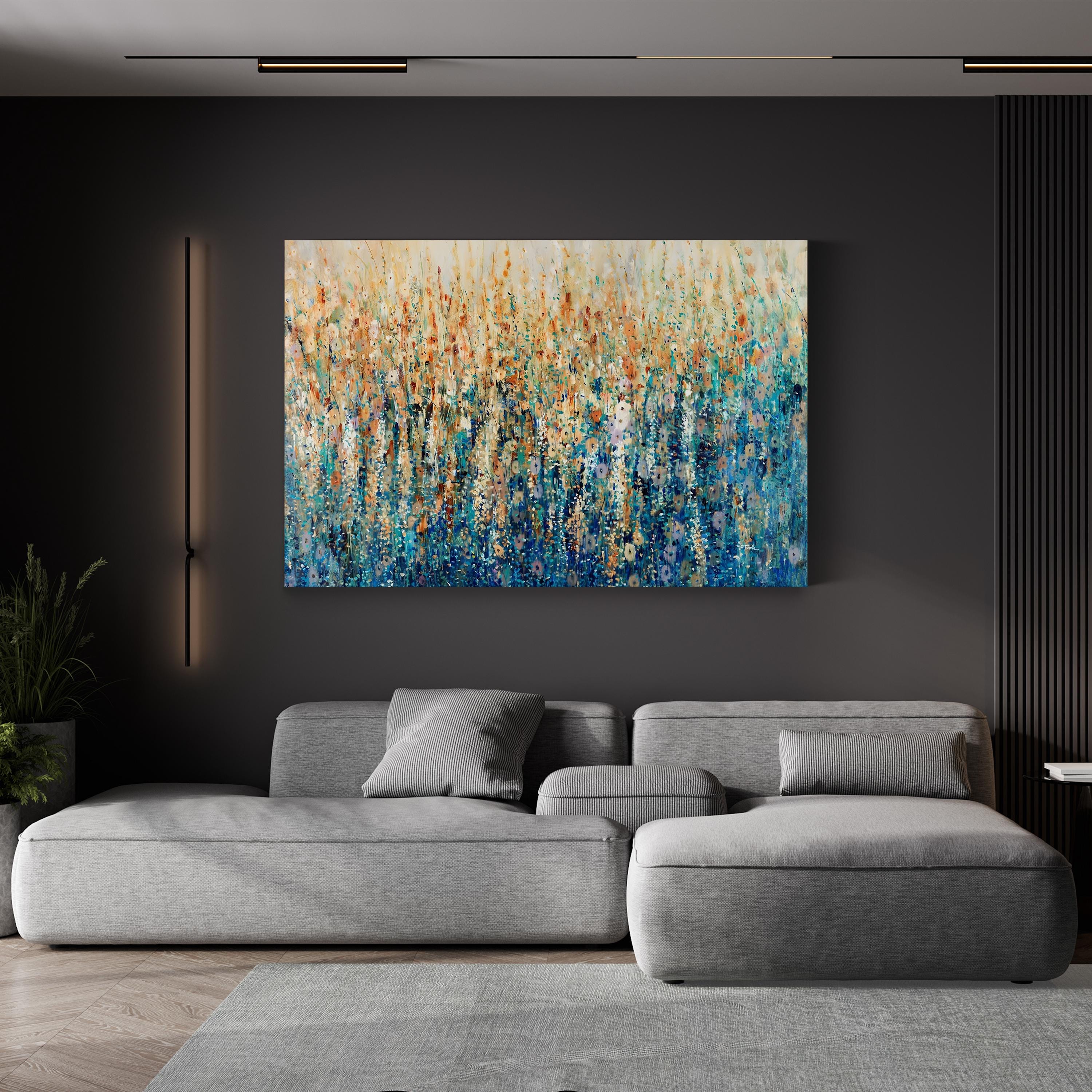 Blue Green Abstract Wildflowers – Period Illustration Wall Art | Modern Floral Canvas Print