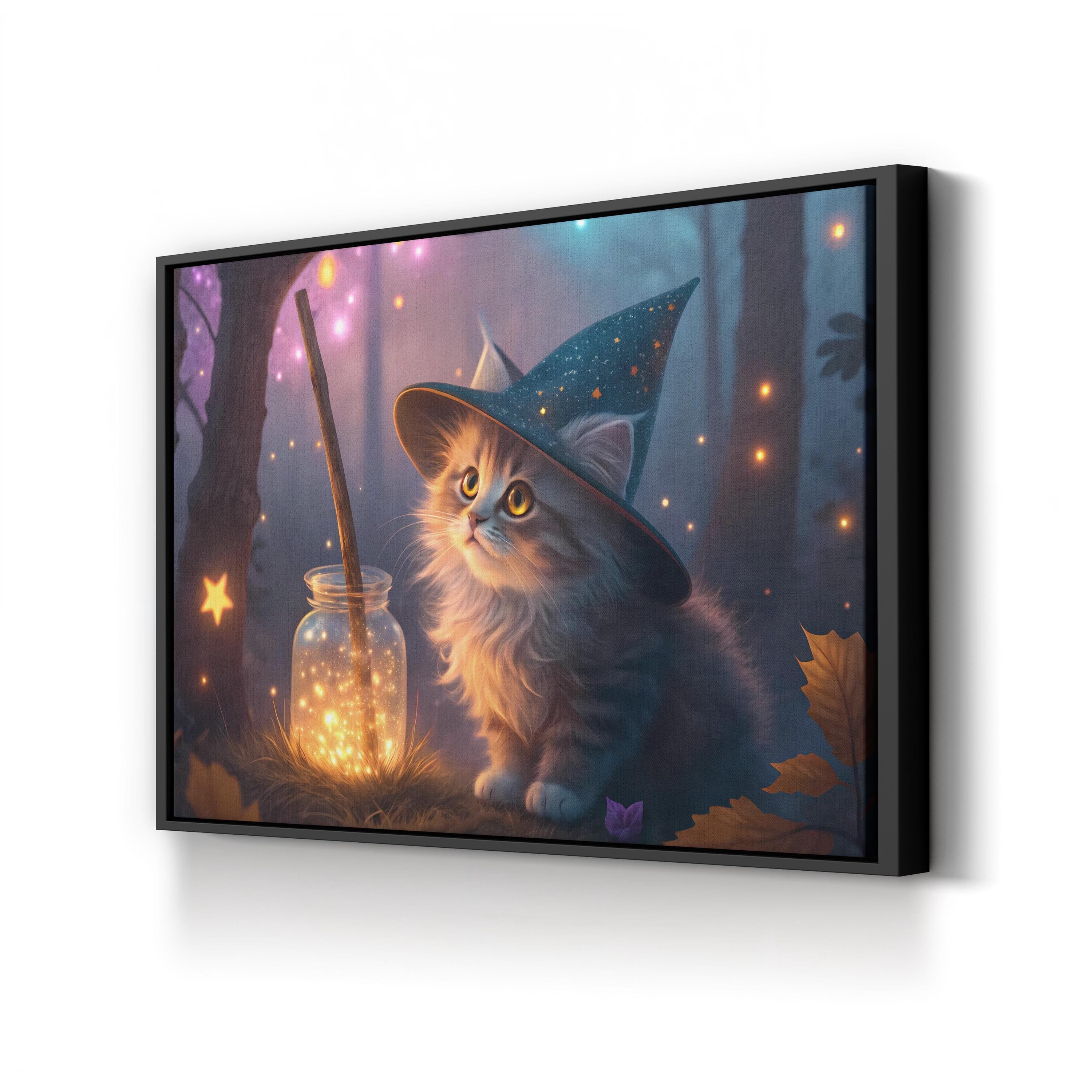 Witchy Cat Wizard Hat – Period Illustration Wall Art | Whimsical Fantasy Canvas Print