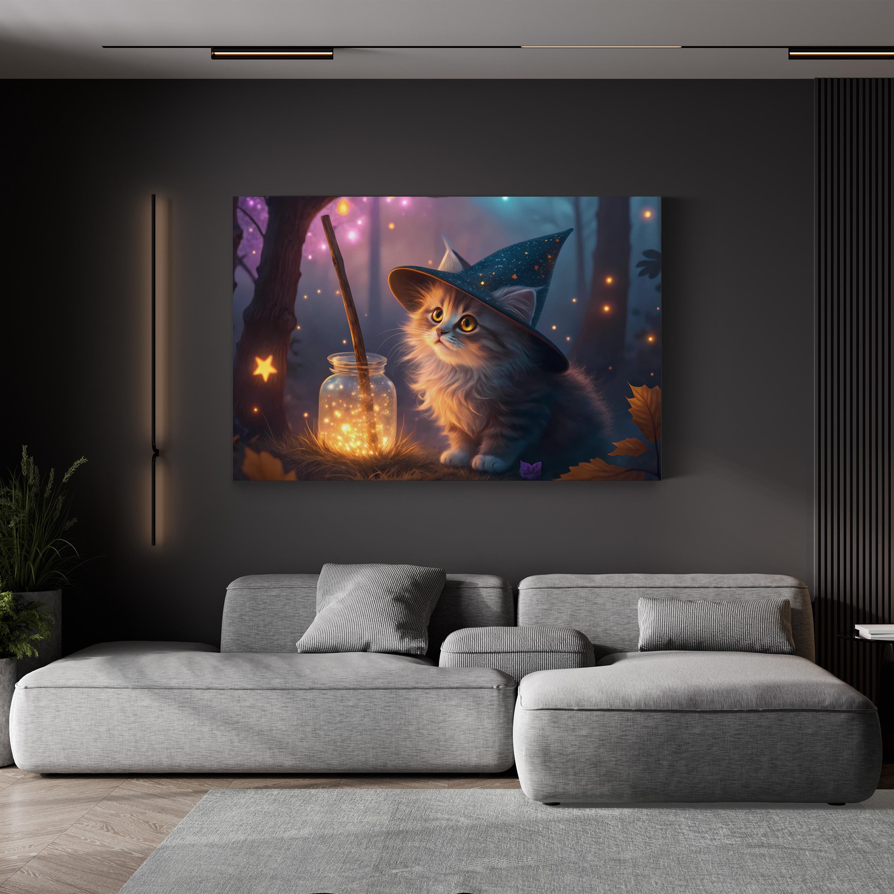 Witchy Cat Wizard Hat – Period Illustration Wall Art | Whimsical Fantasy Canvas Print