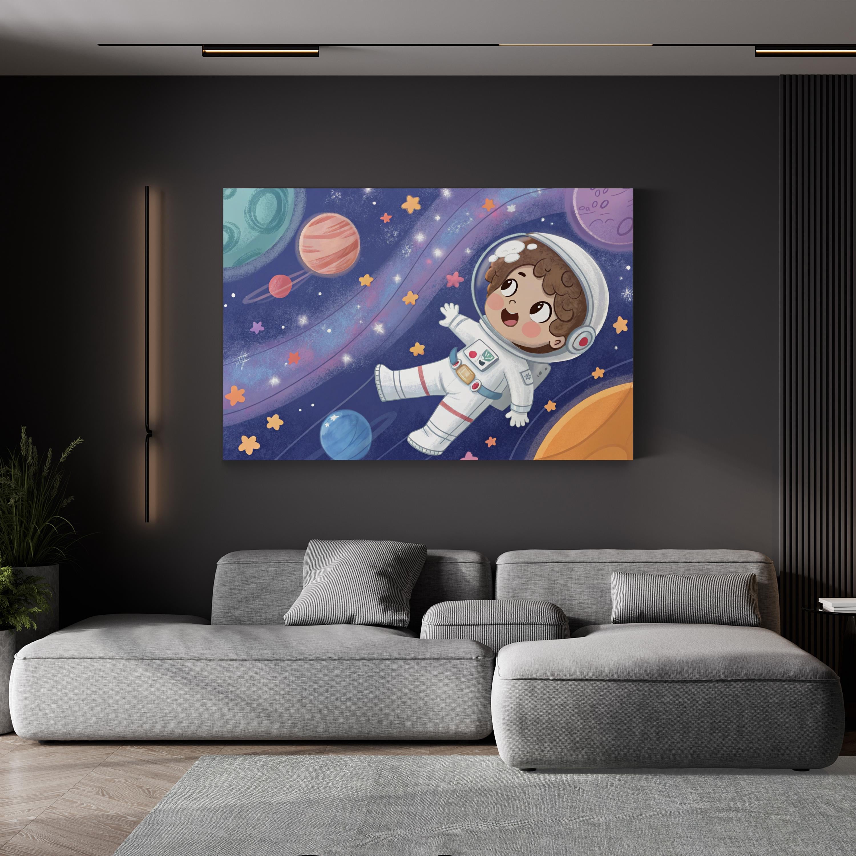 Astronaut Child Storybook – Period Illustration Wall Art | Whimsical Space Canvas Print