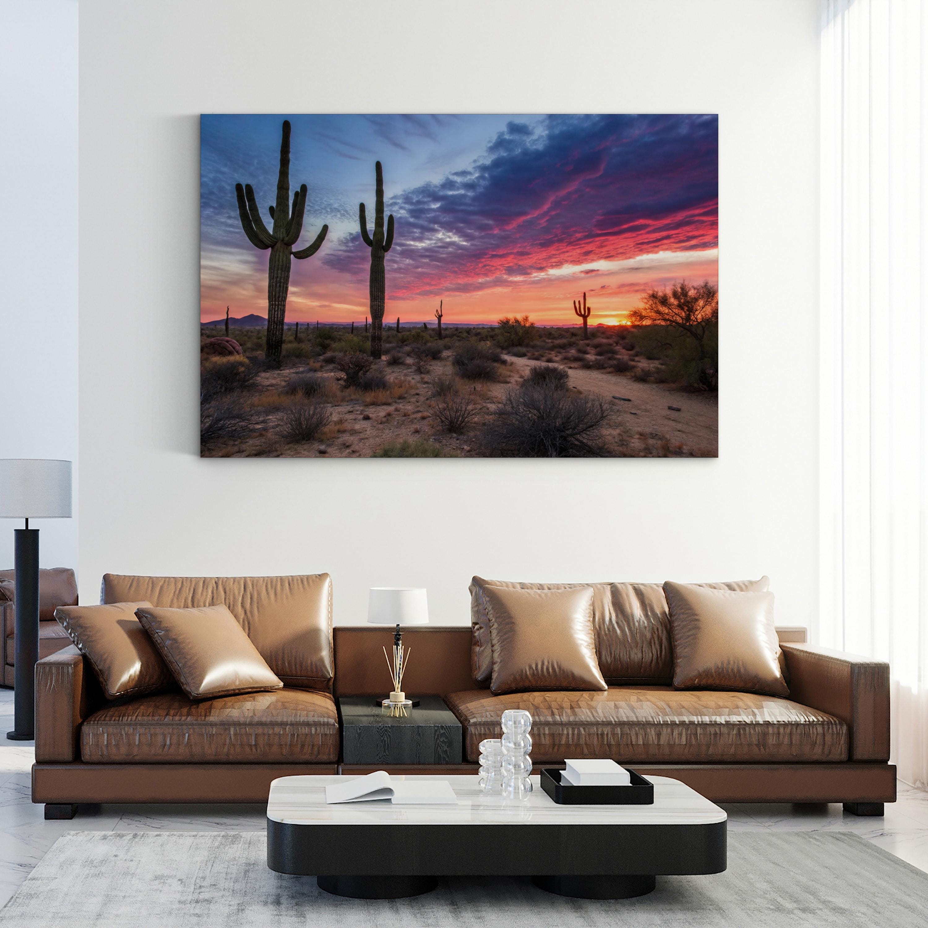 Arizona Desert Sunset Landscape – Vintage Photography Wall Art | Saguaro Cacti Canvas Print