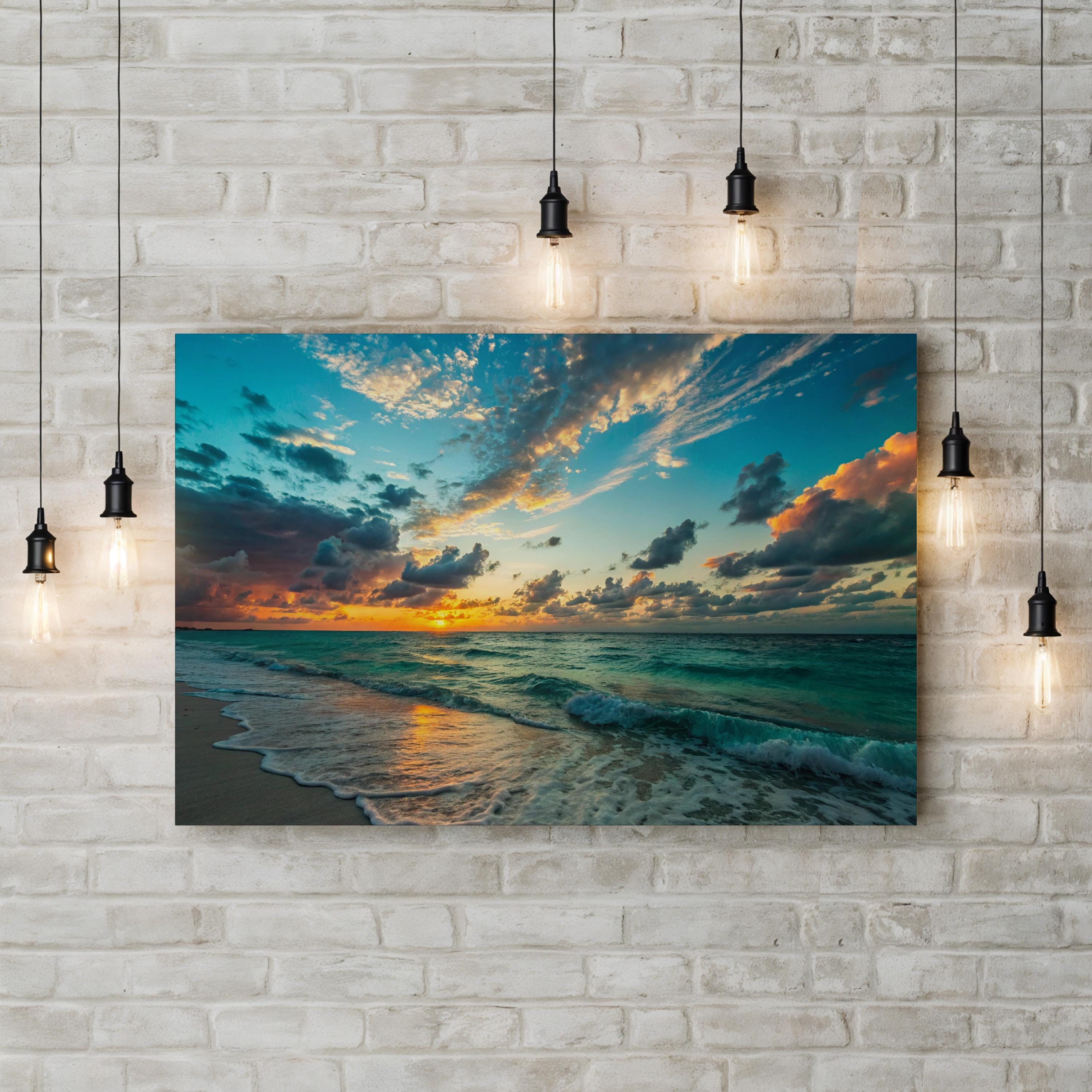 Ocean Sunset Canvas Wall Art – Azure Coastal Beach Landscape