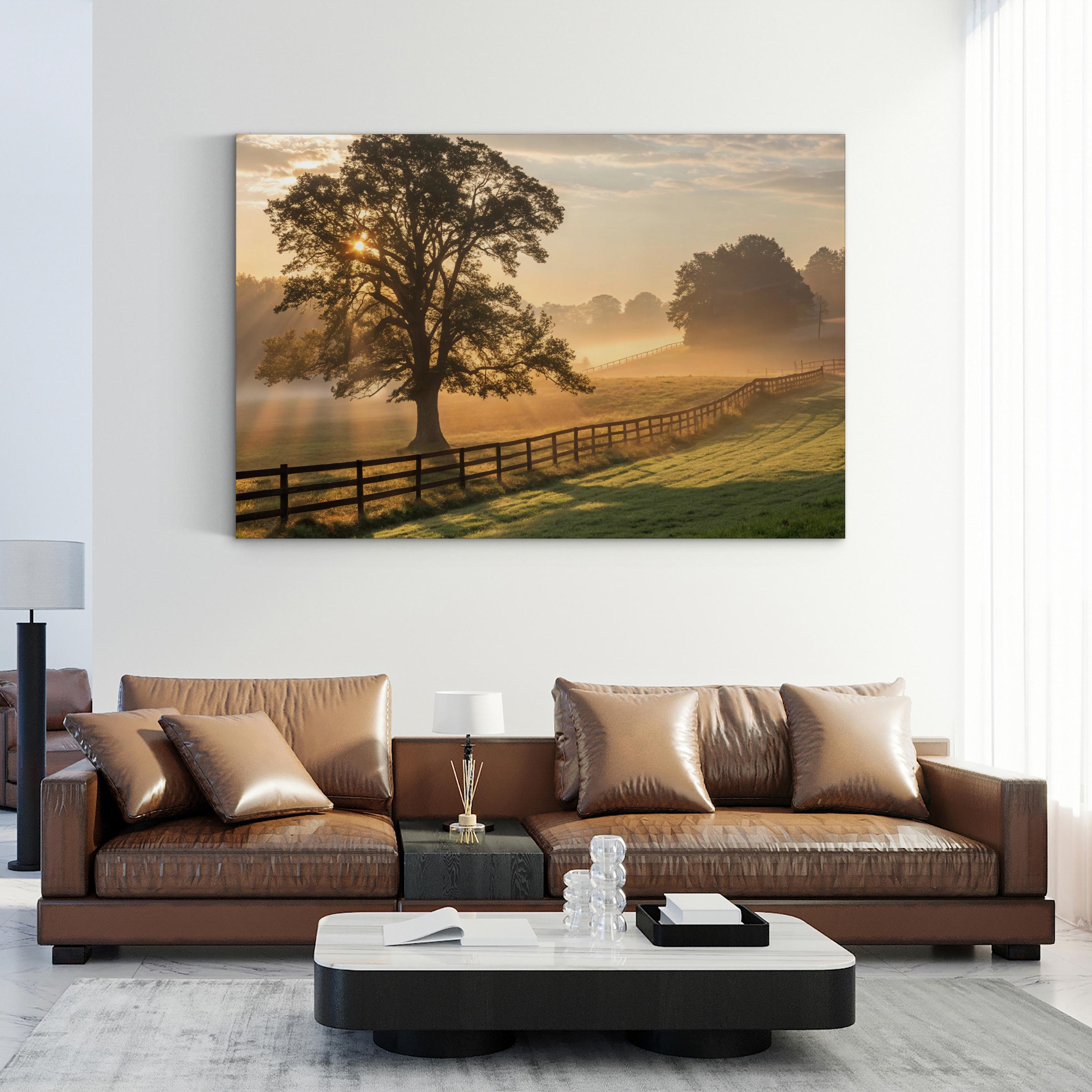 Foggy Dawn Tree Countryside – Vintage Photography Wall Art | Peaceful Landscape Canvas Print