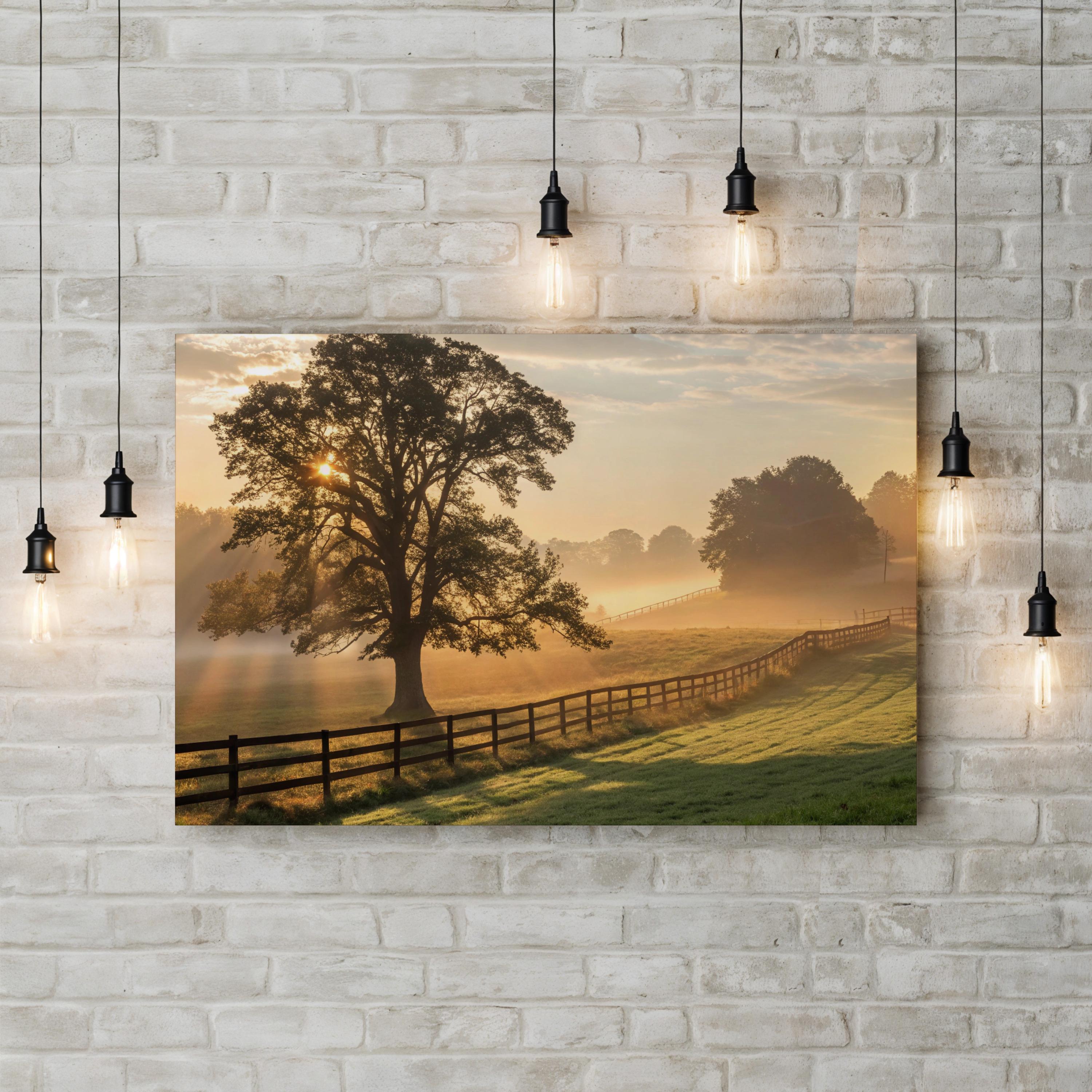 Foggy Dawn Tree Countryside – Vintage Photography Wall Art | Peaceful Landscape Canvas Print