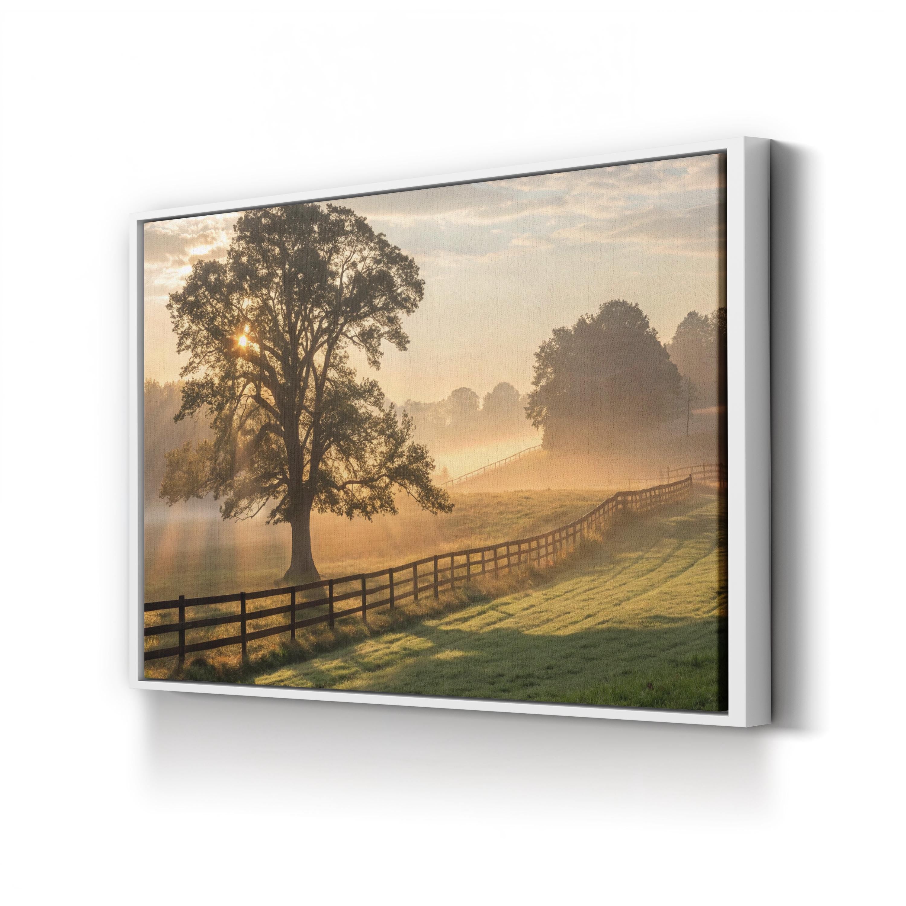 Foggy Dawn Tree Countryside – Vintage Photography Wall Art | Peaceful Landscape Canvas Print