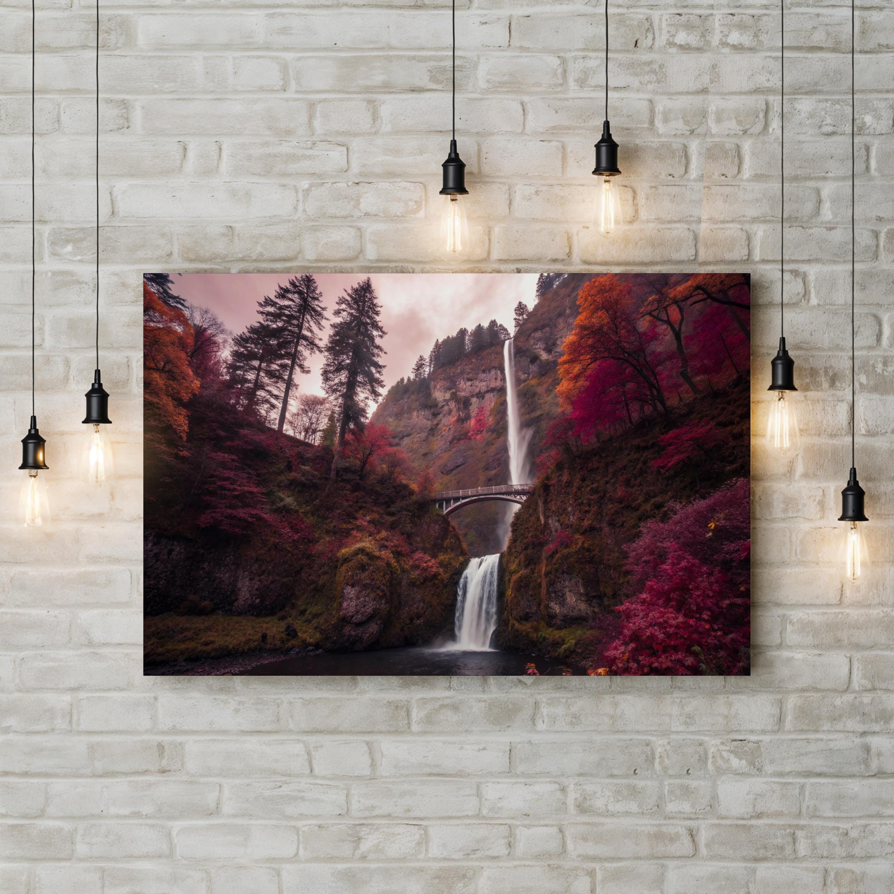 Autumn Waterfall Canvas Art — Colorful Foliage Landscape Photography