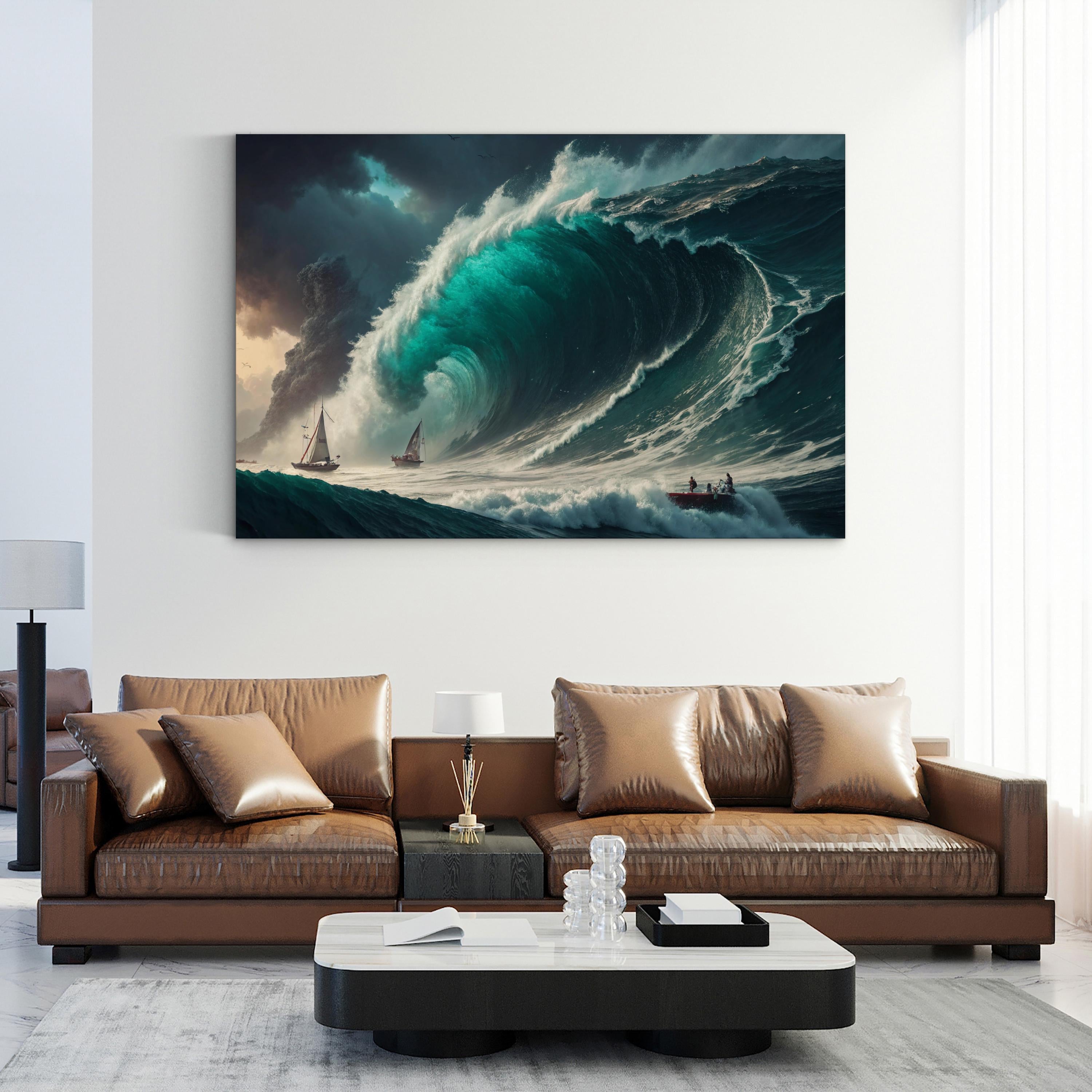 Fantasy Storm Ocean Canvas Wall Art — Dramatic Sailing Ships Seascape Print
