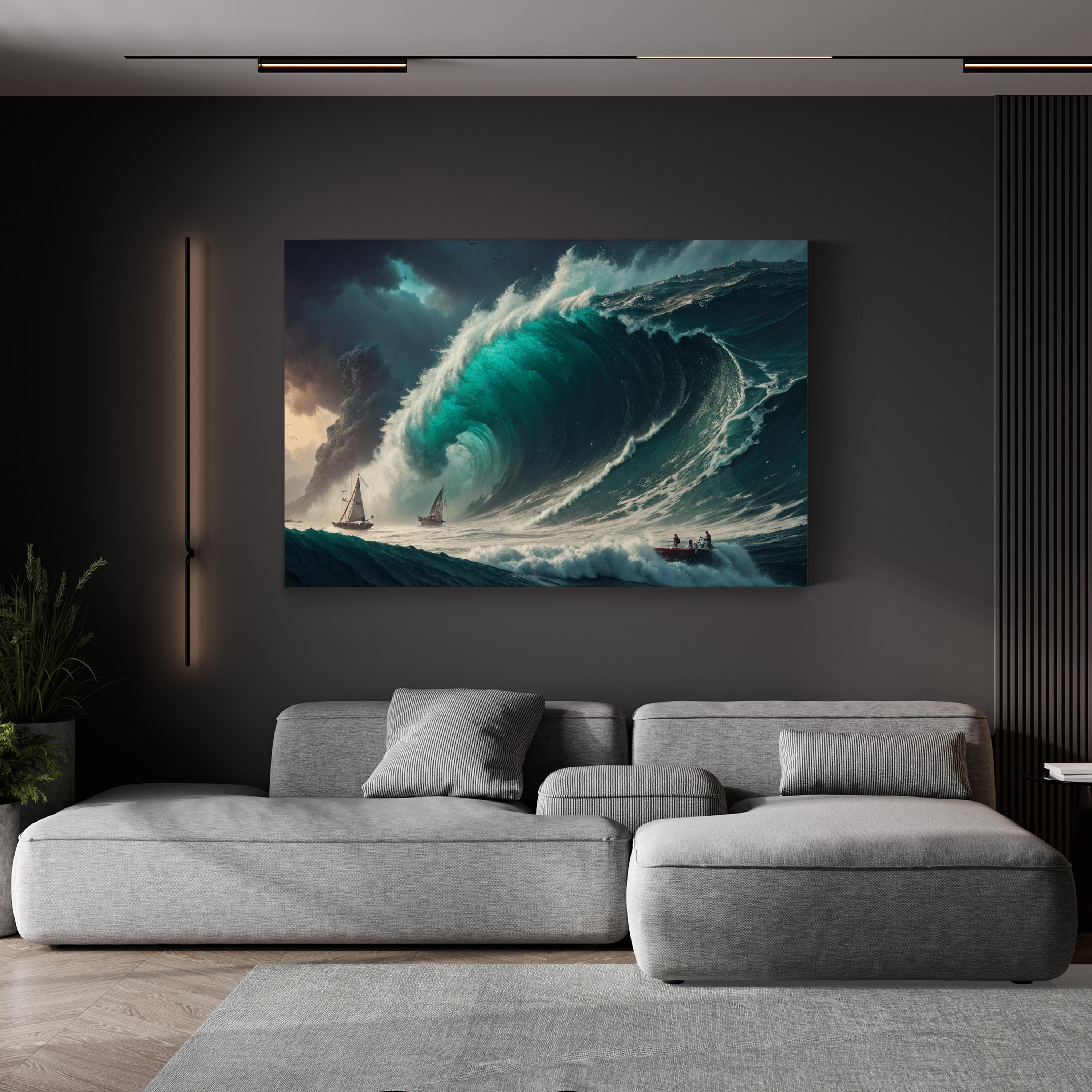 Fantasy Storm Ocean Canvas Wall Art — Dramatic Sailing Ships Seascape Print
