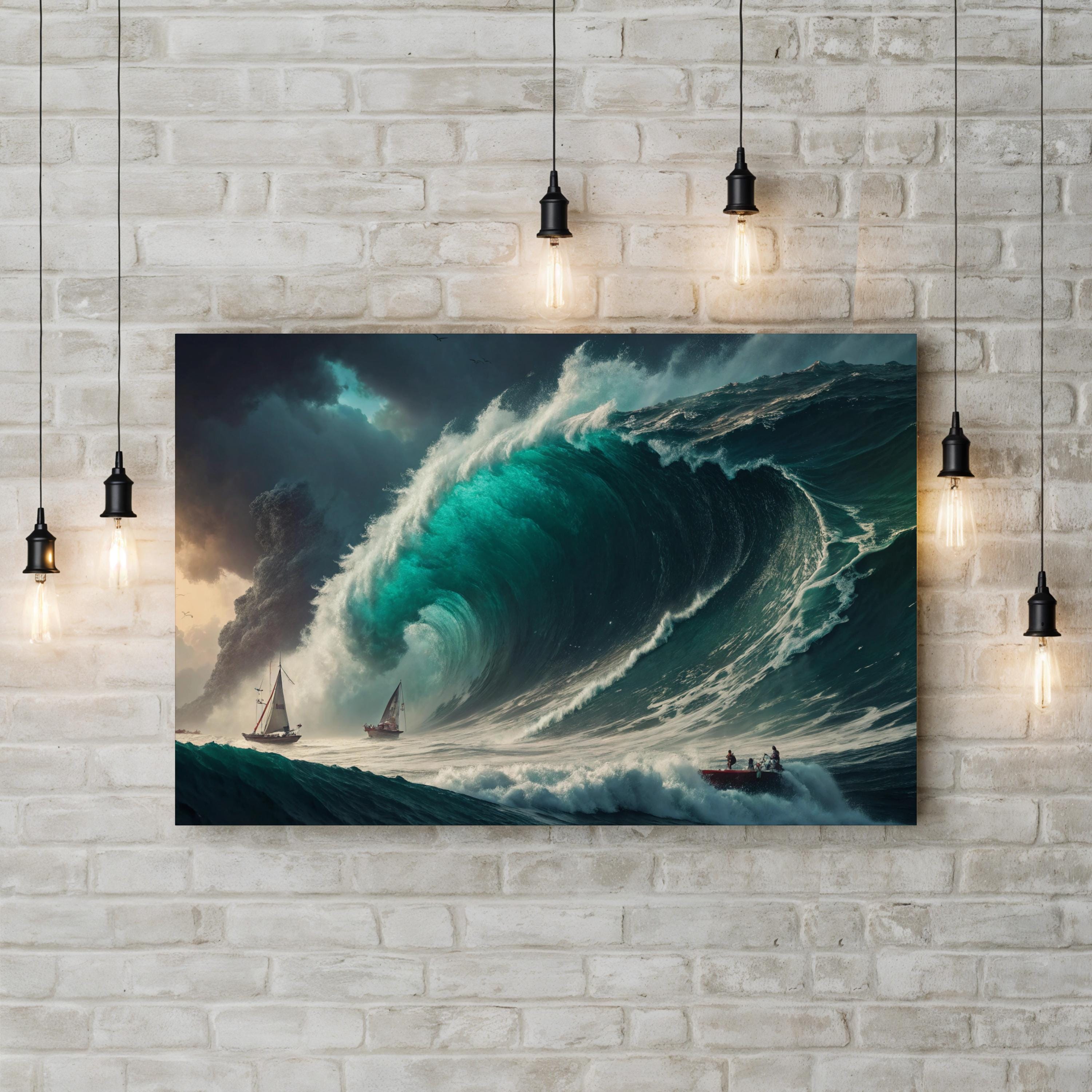 Fantasy Storm Ocean Canvas Wall Art — Dramatic Sailing Ships Seascape Print