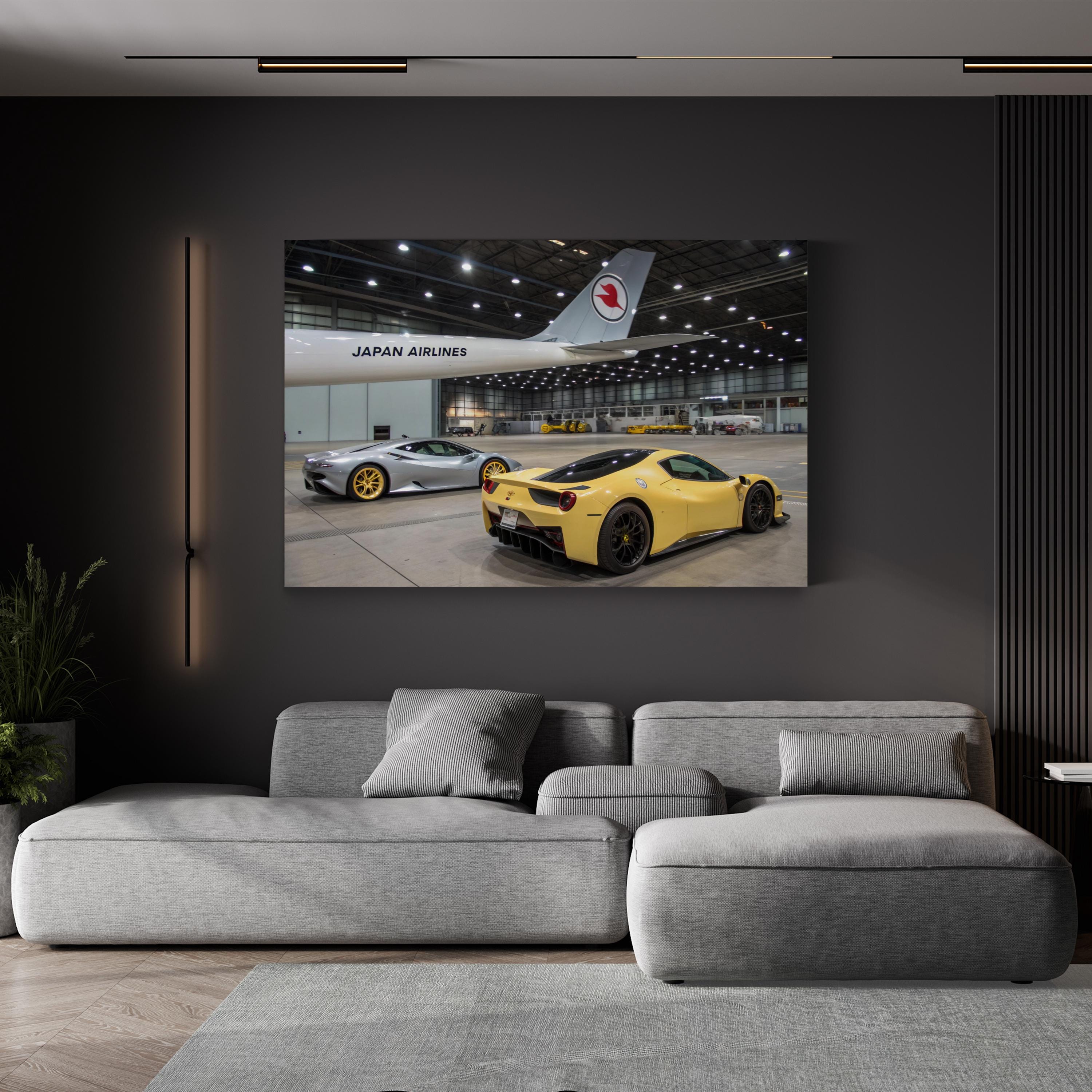 Sports Car Airline Hangar – Vintage Photography Wall Art | Automotive Canvas Print