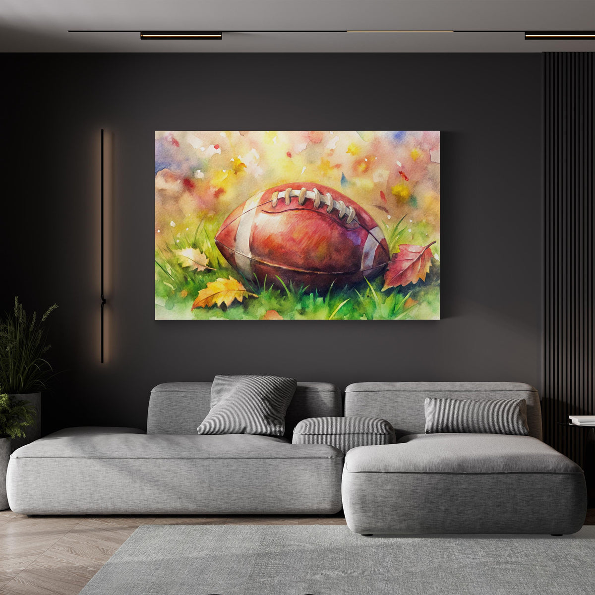 Watercolor Football in Autumn canvas print displayed in a modern living room