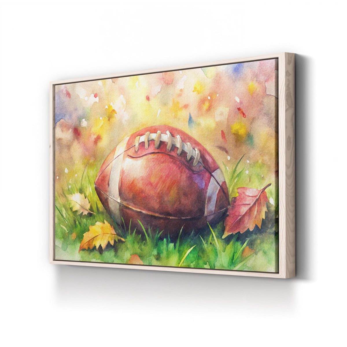 Watercolor Football in Autumn canvas print in Natural frame