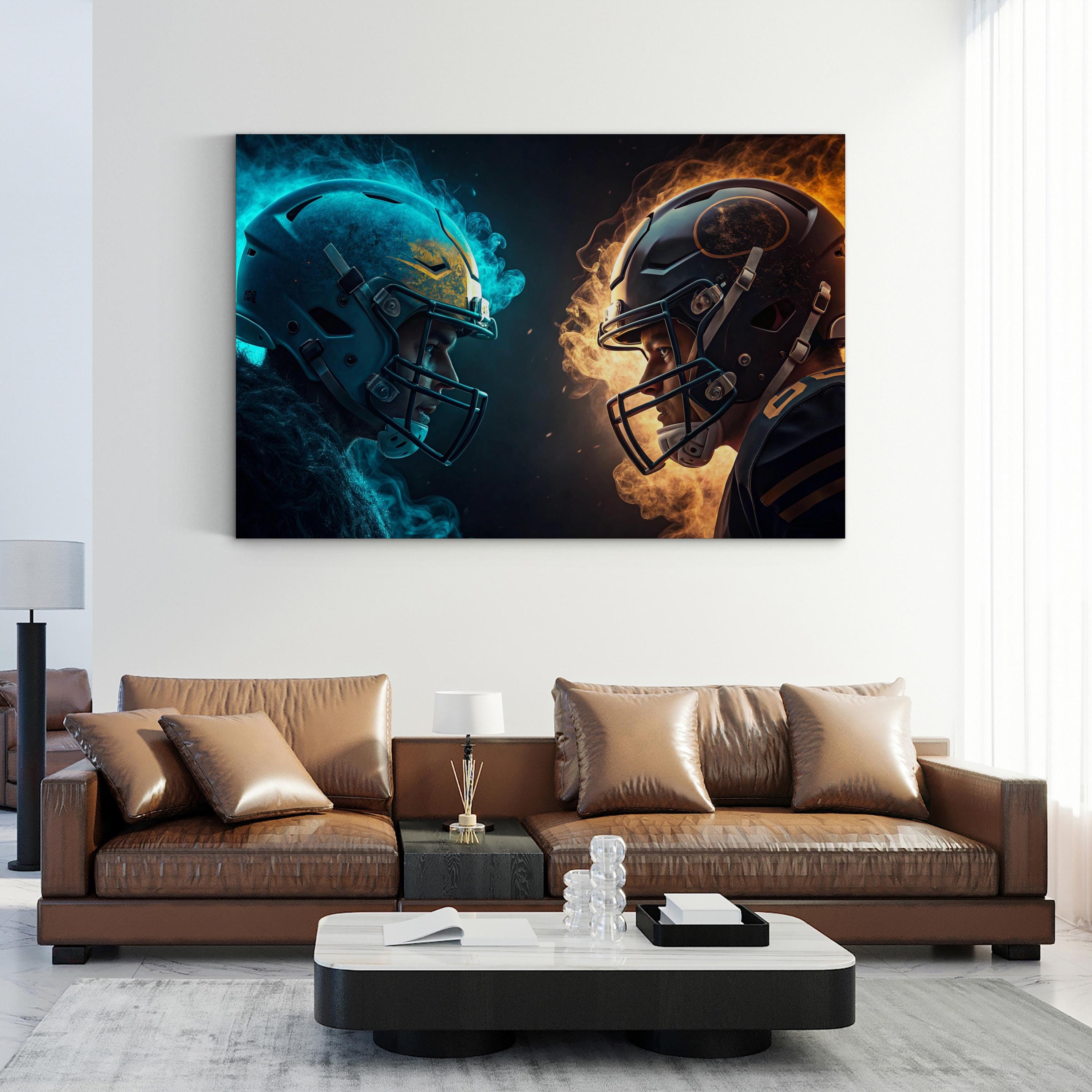 Football Face-Off Smoke & Flames – Period Illustration Wall Art | Sports Canvas Print