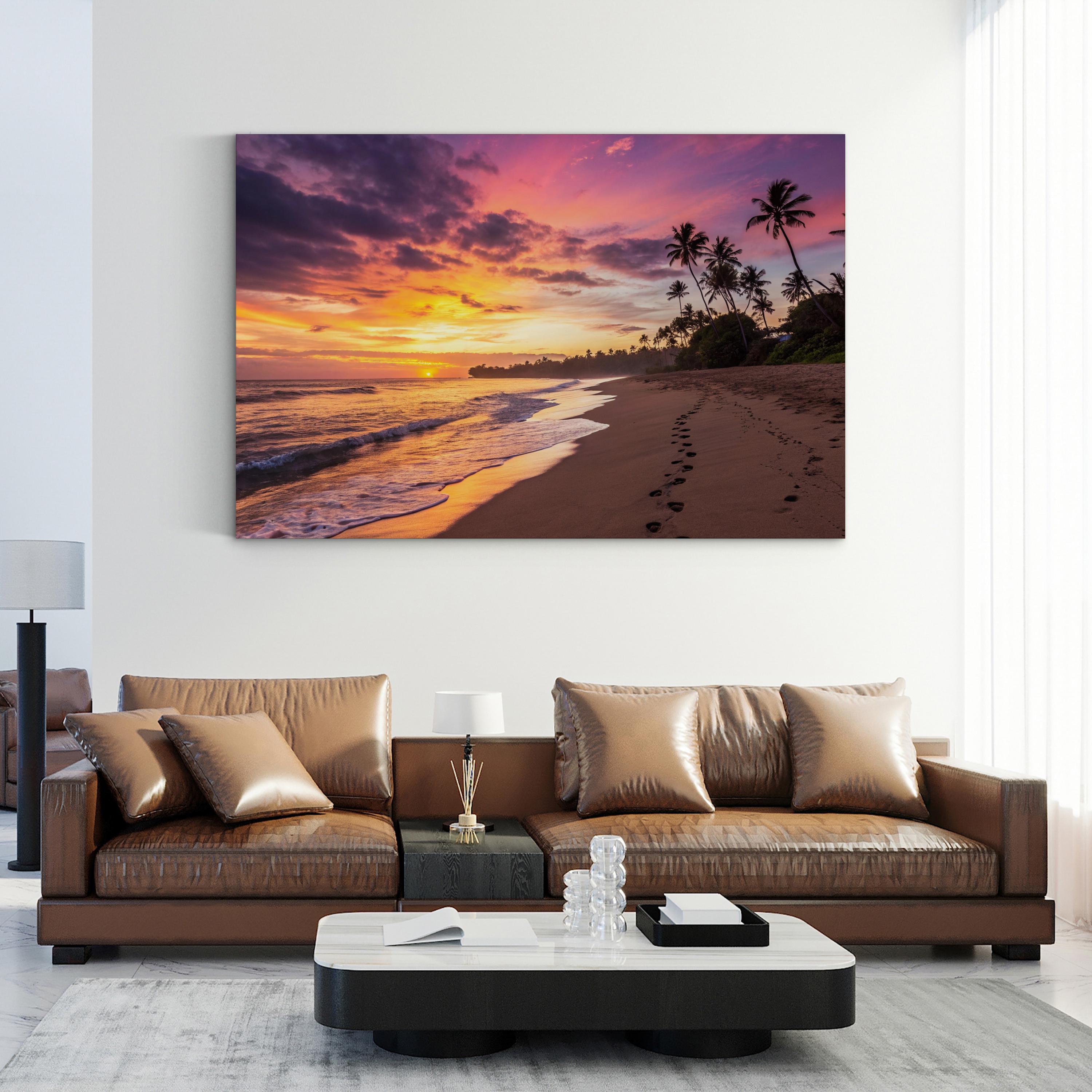 Sunset Beach Canvas Art – Footprints in Sand, Coastal Landscape Framed Print