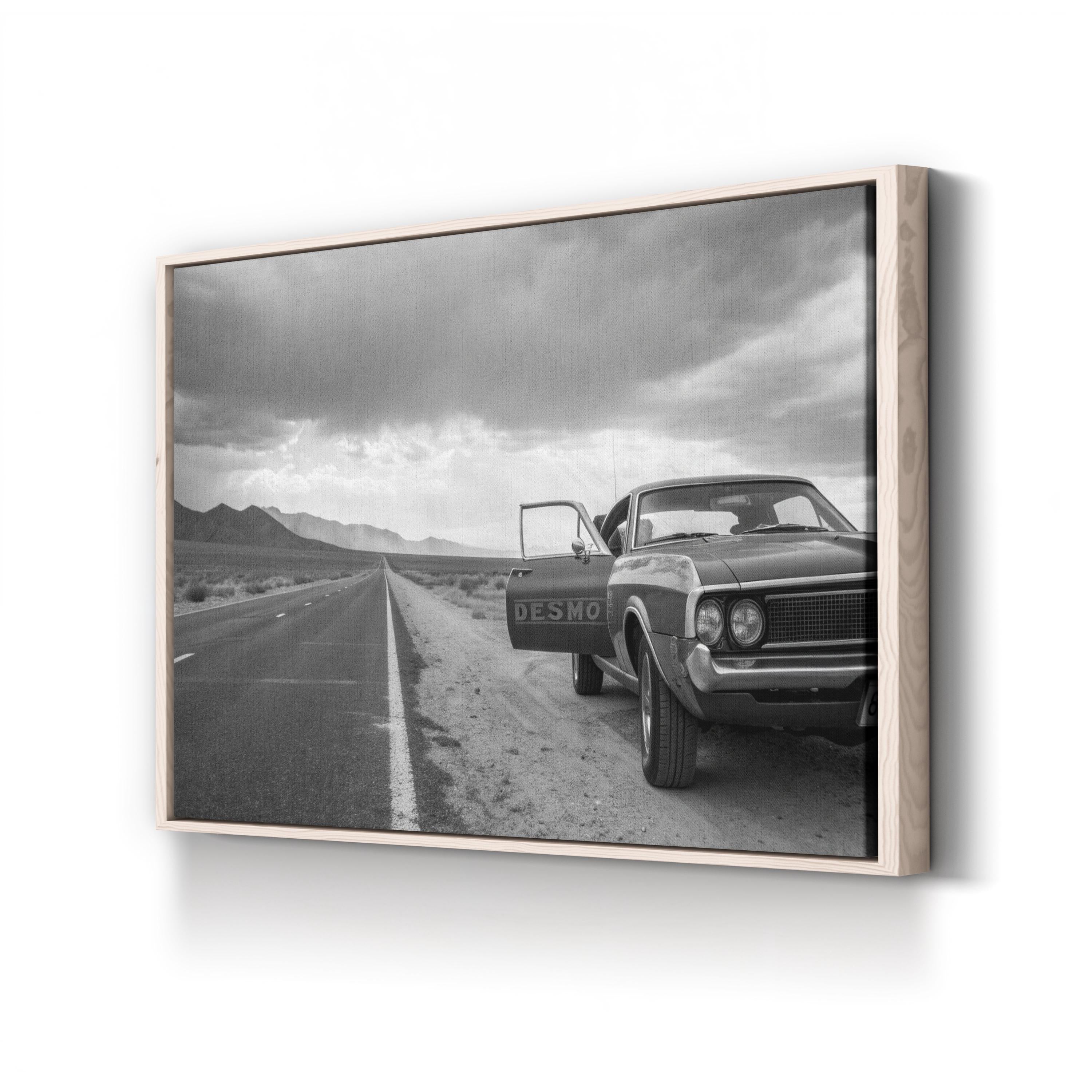 Vintage Car Open Road – Vintage Photography Wall Art | Black & White Landscape Canvas Print