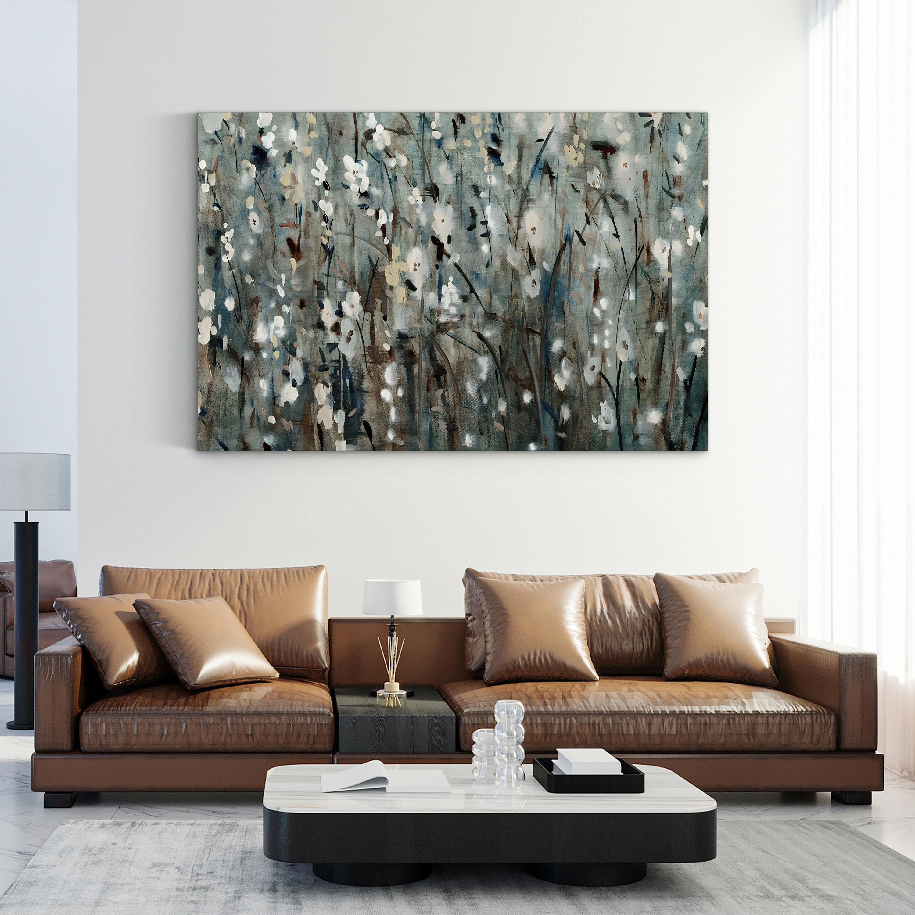 White Blossom Cascade on Navy – Period Illustration Wall Art | Textured Floral Canvas Print
