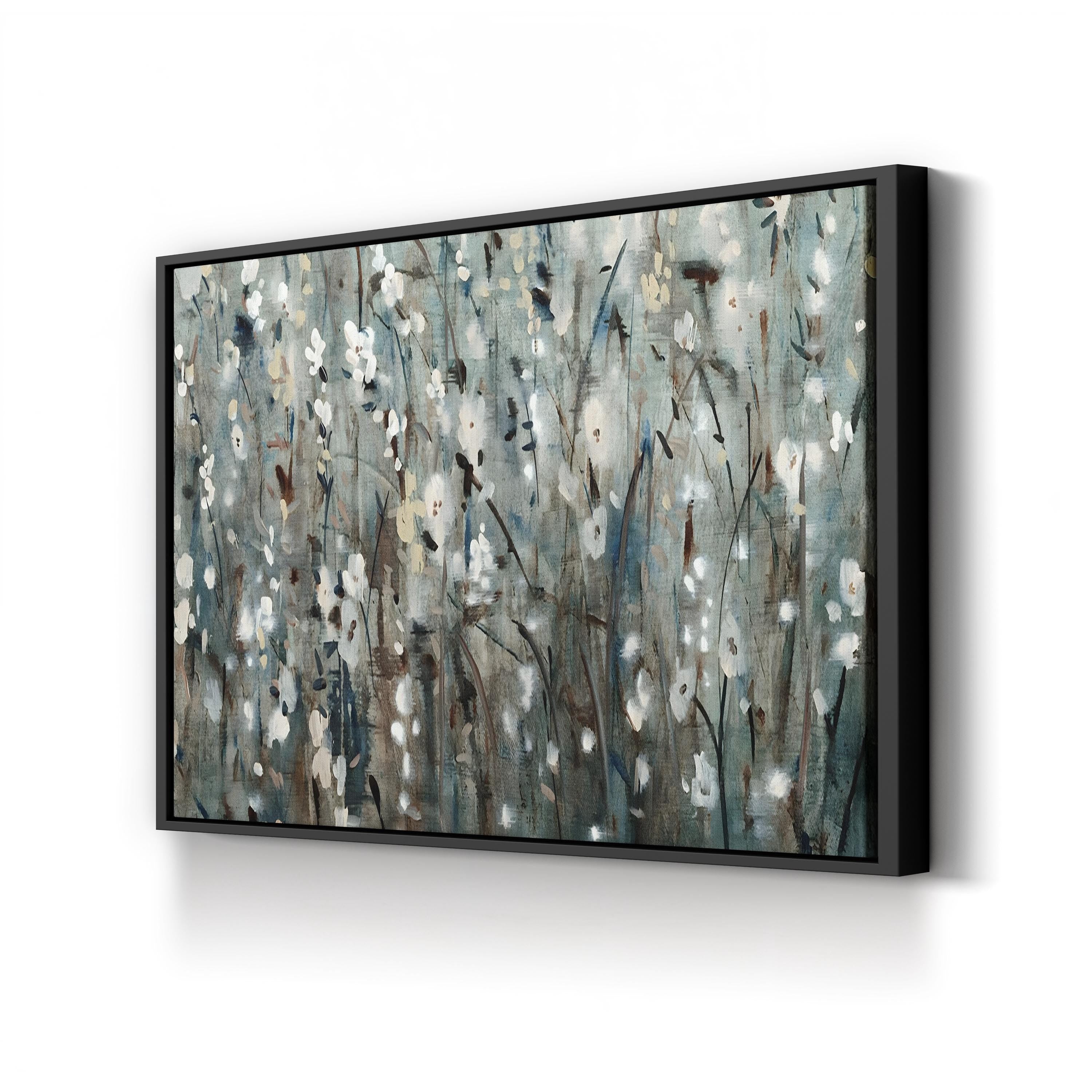 White Blossom Cascade on Navy – Period Illustration Wall Art | Textured Floral Canvas Print