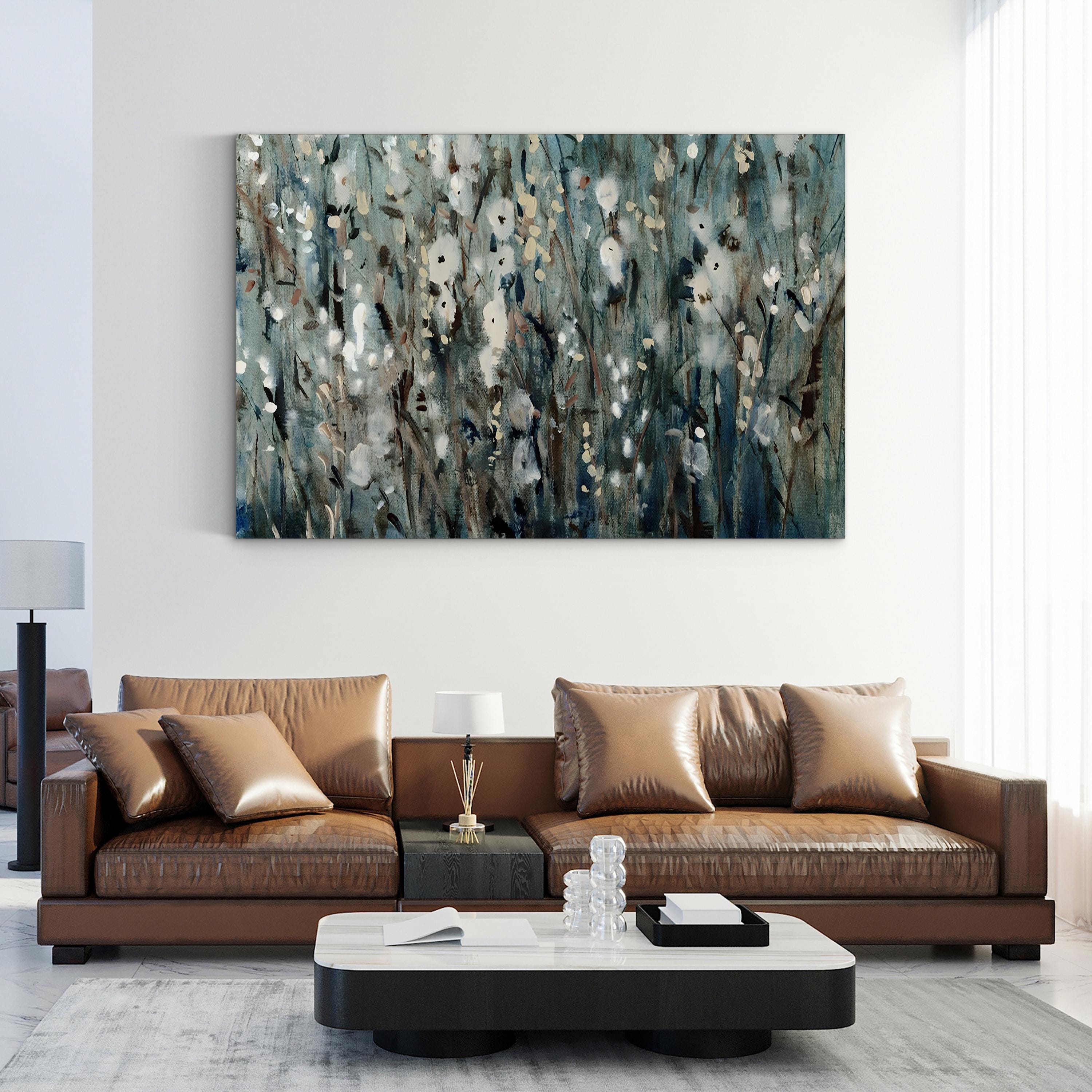 White Blossoms on Navy – Period Illustration Wall Art | Coastal Floral Canvas Print