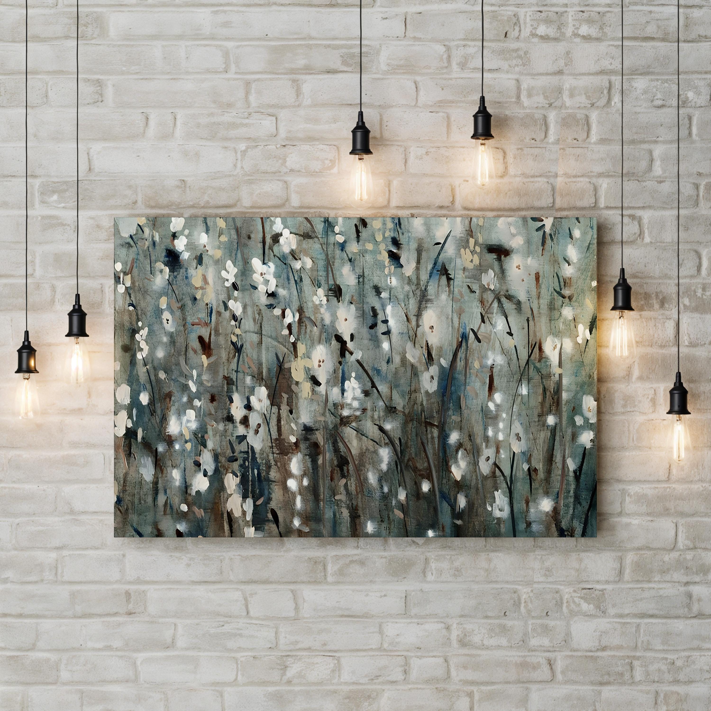 White Blossom Cascade on Navy – Period Illustration Wall Art | Textured Floral Canvas Print