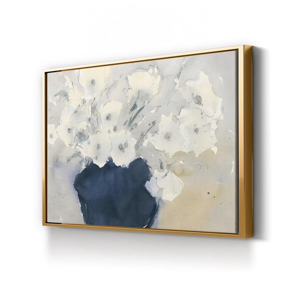 White Floral Bouquet Watercolor – Period Illustration Wall Art | Elegant Botanical Canvas Print canvas print in Gold Framed Canvas