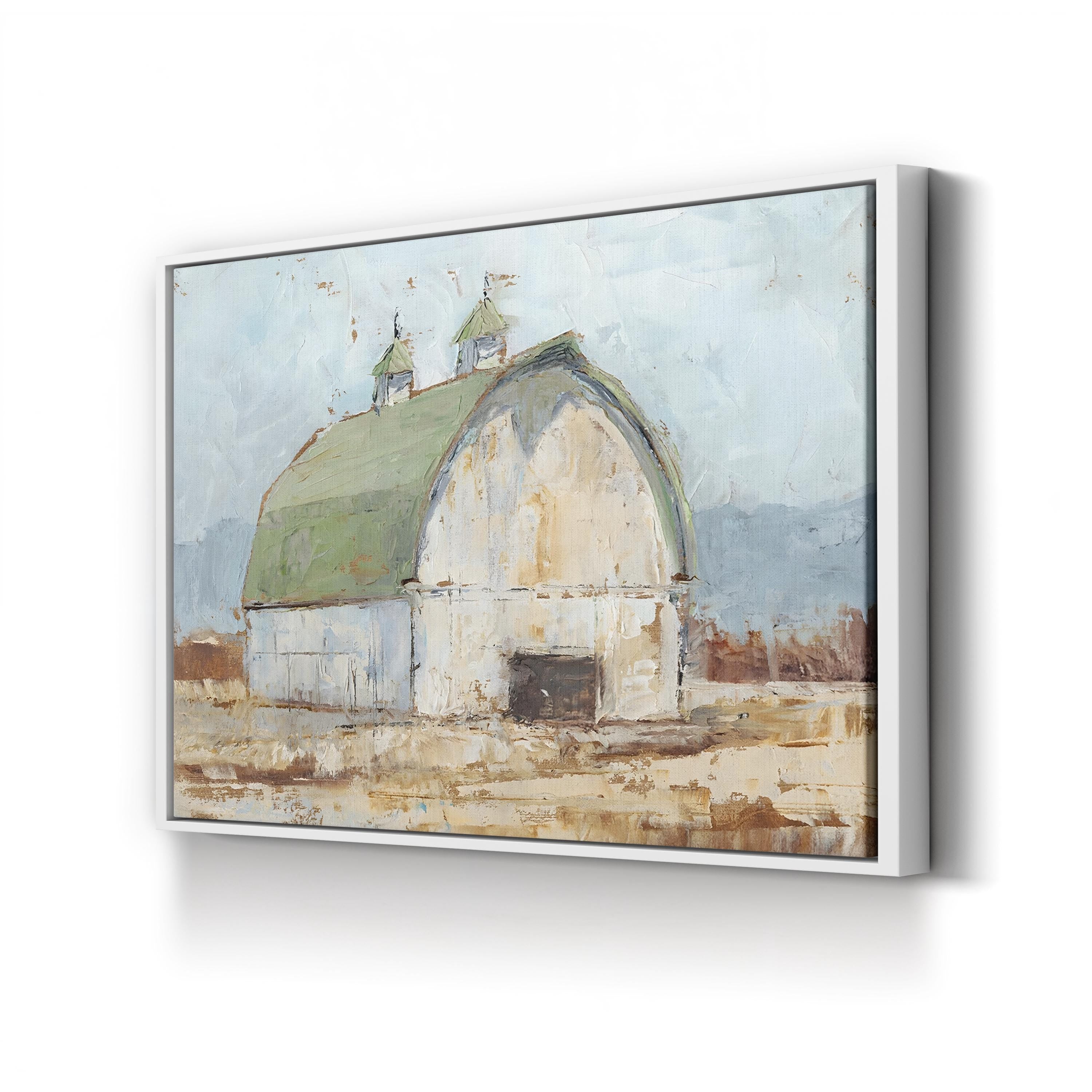 Whitewashed Barn Green Roof – Period Illustration Wall Art | Rustic Farmhouse Canvas Print