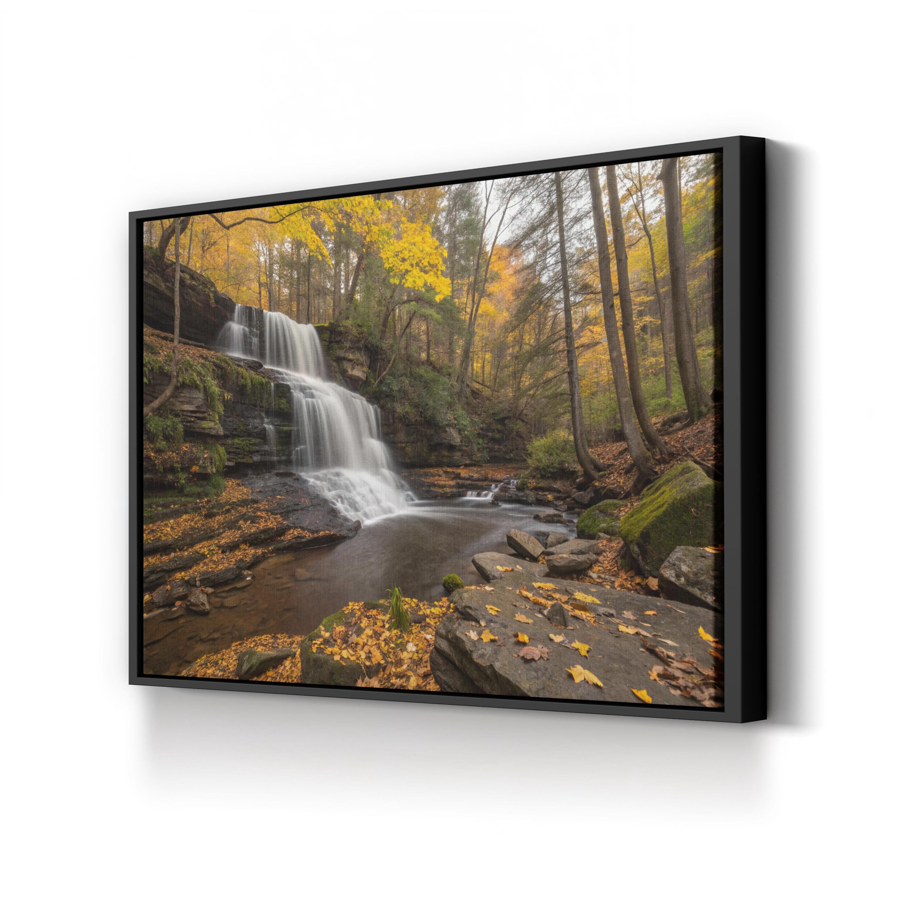 Autumn Waterfall Forest Scene – Vintage Photography Wall Art | Vibrant Fall Canvas Print