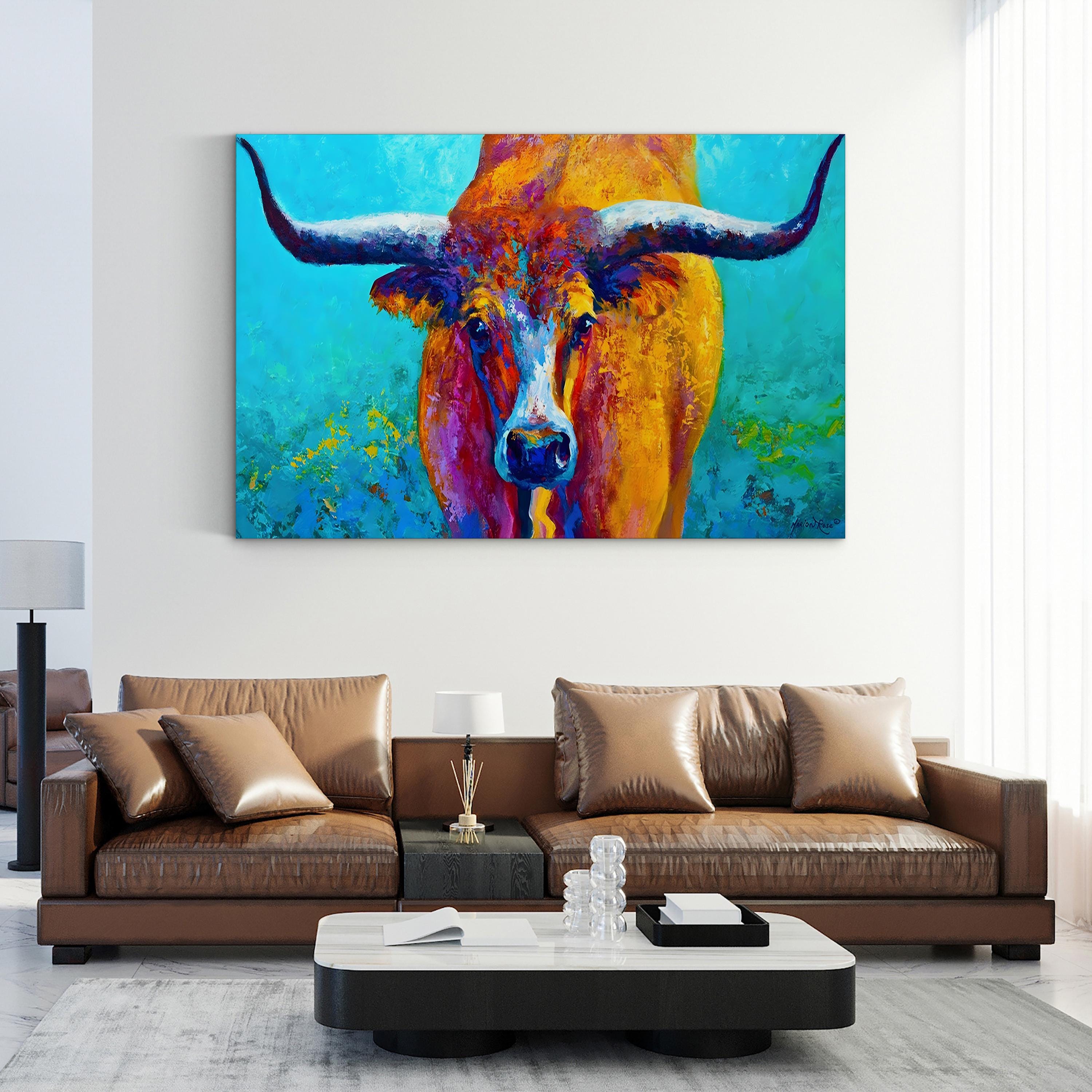 Texas Longhorn Canvas Art – Framed Wildlife Landscape Print, Western Statement Wall Decor