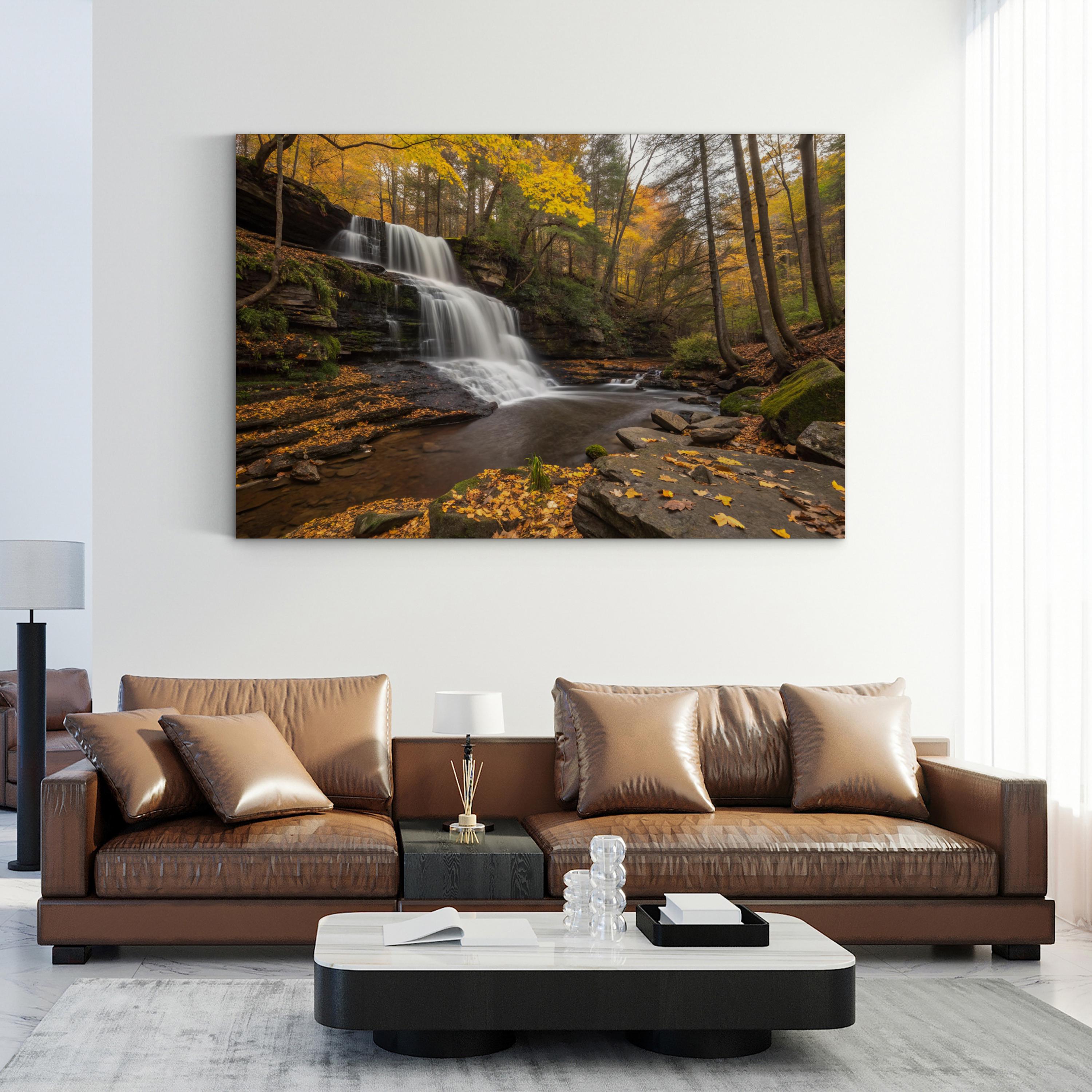 Autumn Waterfall Forest Scene – Vintage Photography Wall Art | Vibrant Fall Canvas Print