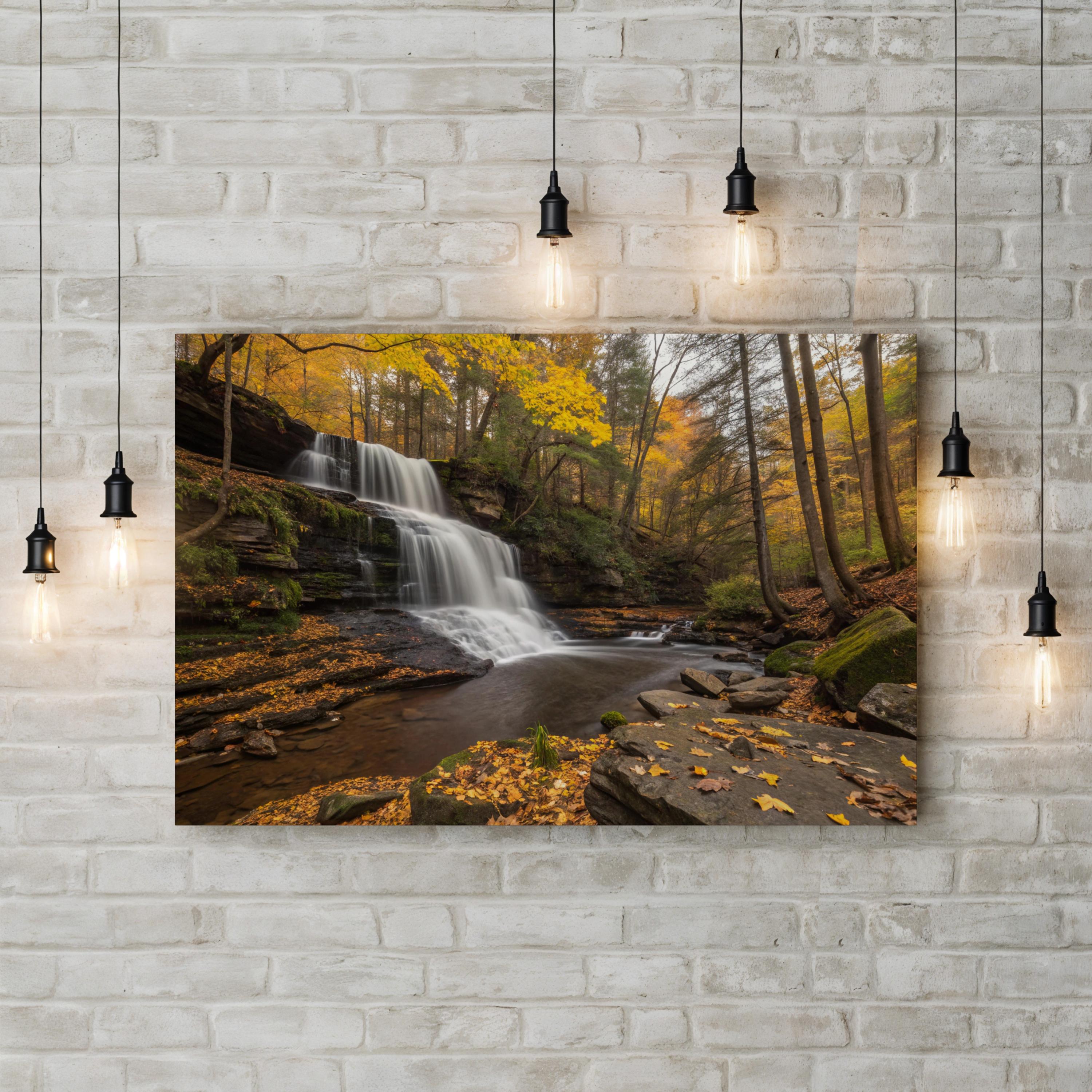 Autumn Waterfall Forest Scene – Vintage Photography Wall Art | Vibrant Fall Canvas Print