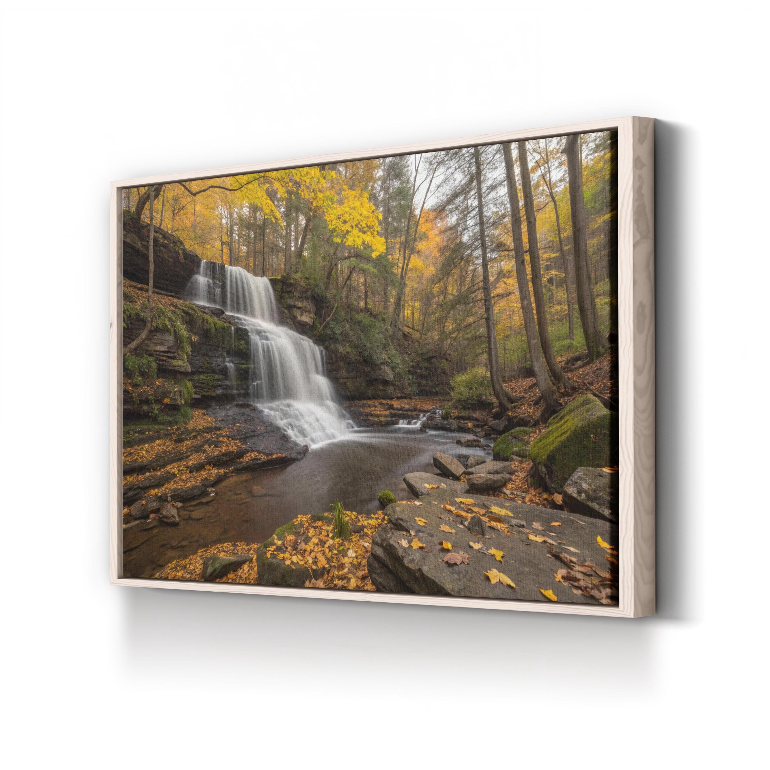 Autumn Waterfall Forest Scene – Vintage Photography Wall Art | Vibrant Fall Canvas Print