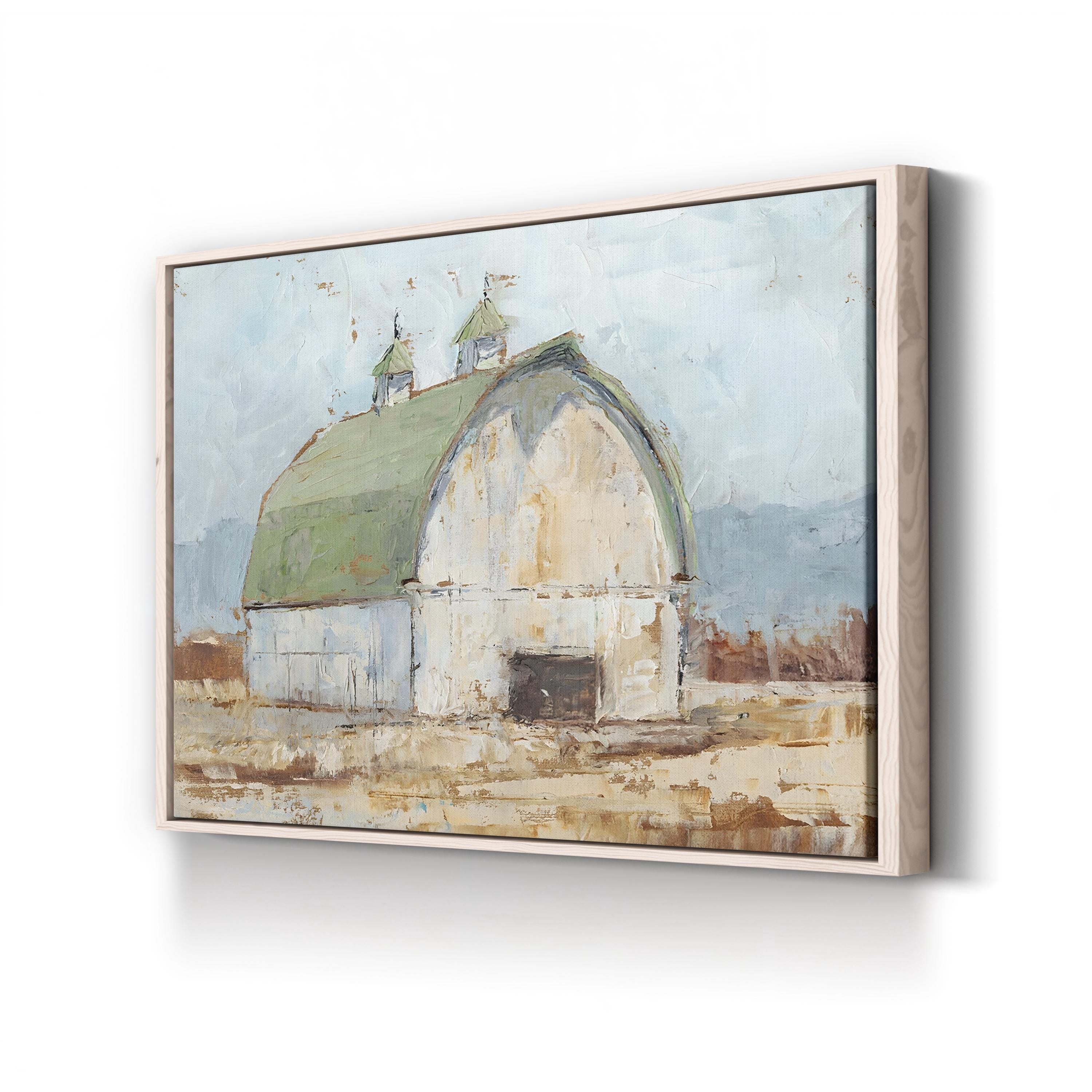 Whitewashed Barn Green Roof – Period Illustration Wall Art | Rustic Farmhouse Canvas Print