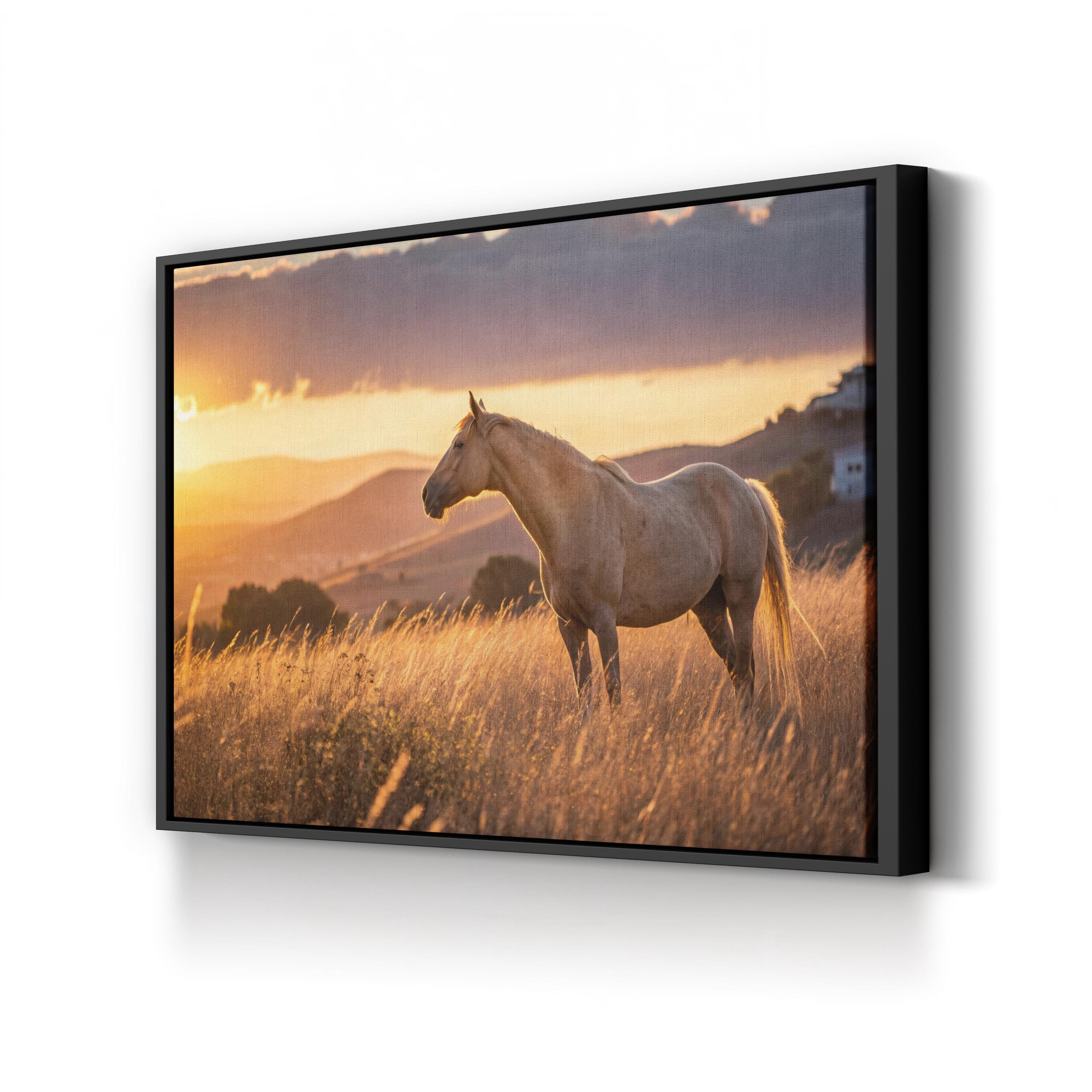 Golden Horse at Sunset – Vintage Photography Wall Art | Western Landscape Canvas Print