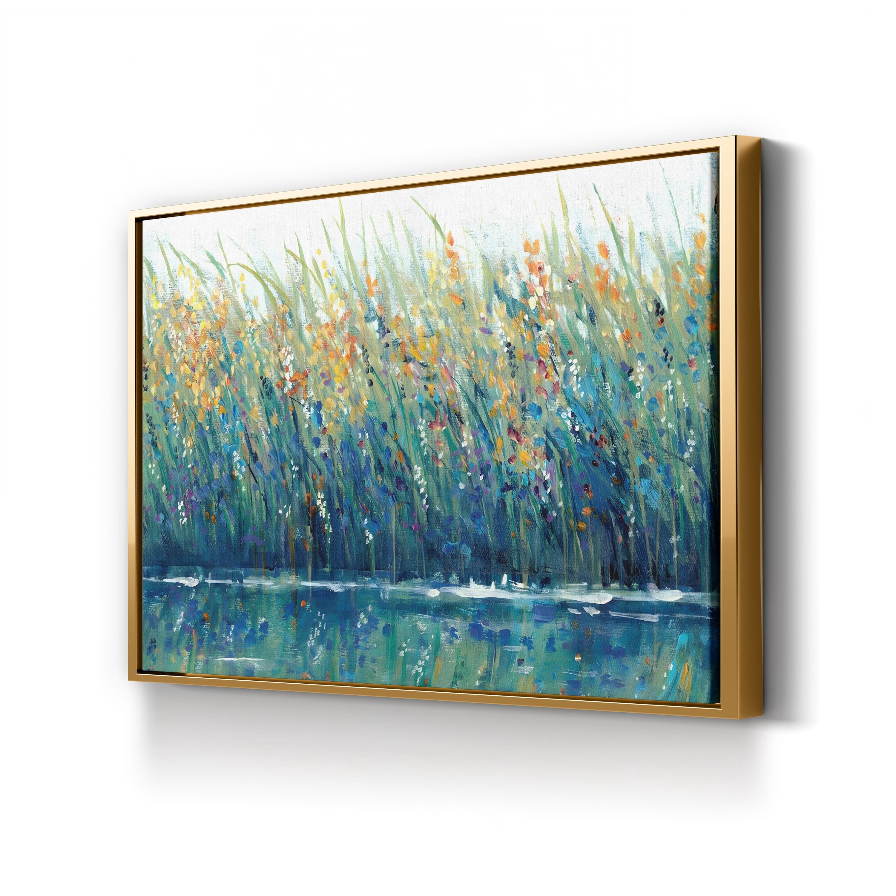 Wildflower Meadow Reflection – Period Illustration Wall Art | Tranquil Landscape Canvas Print