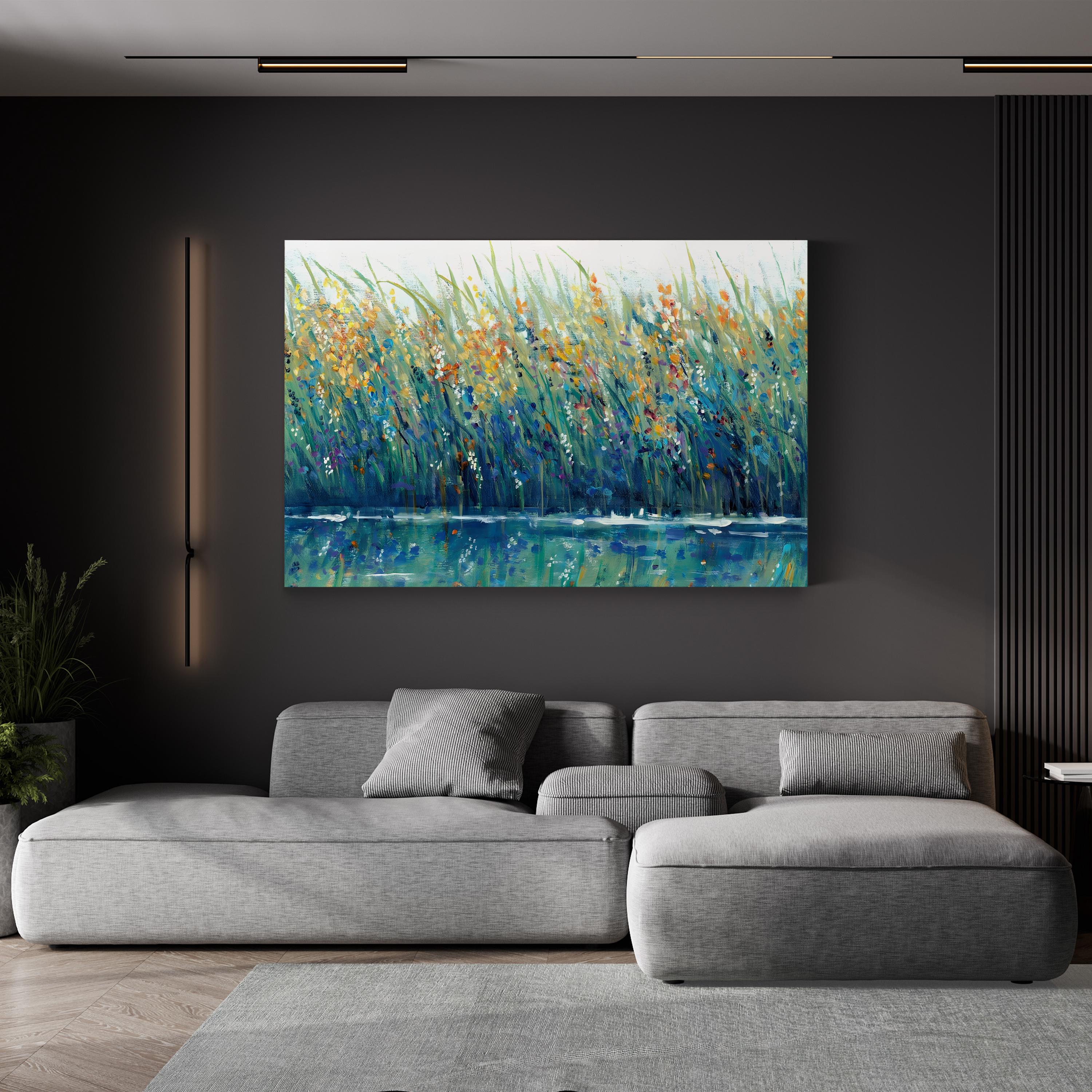Wildflower Meadow Reflection – Period Illustration Wall Art | Tranquil Landscape Canvas Print