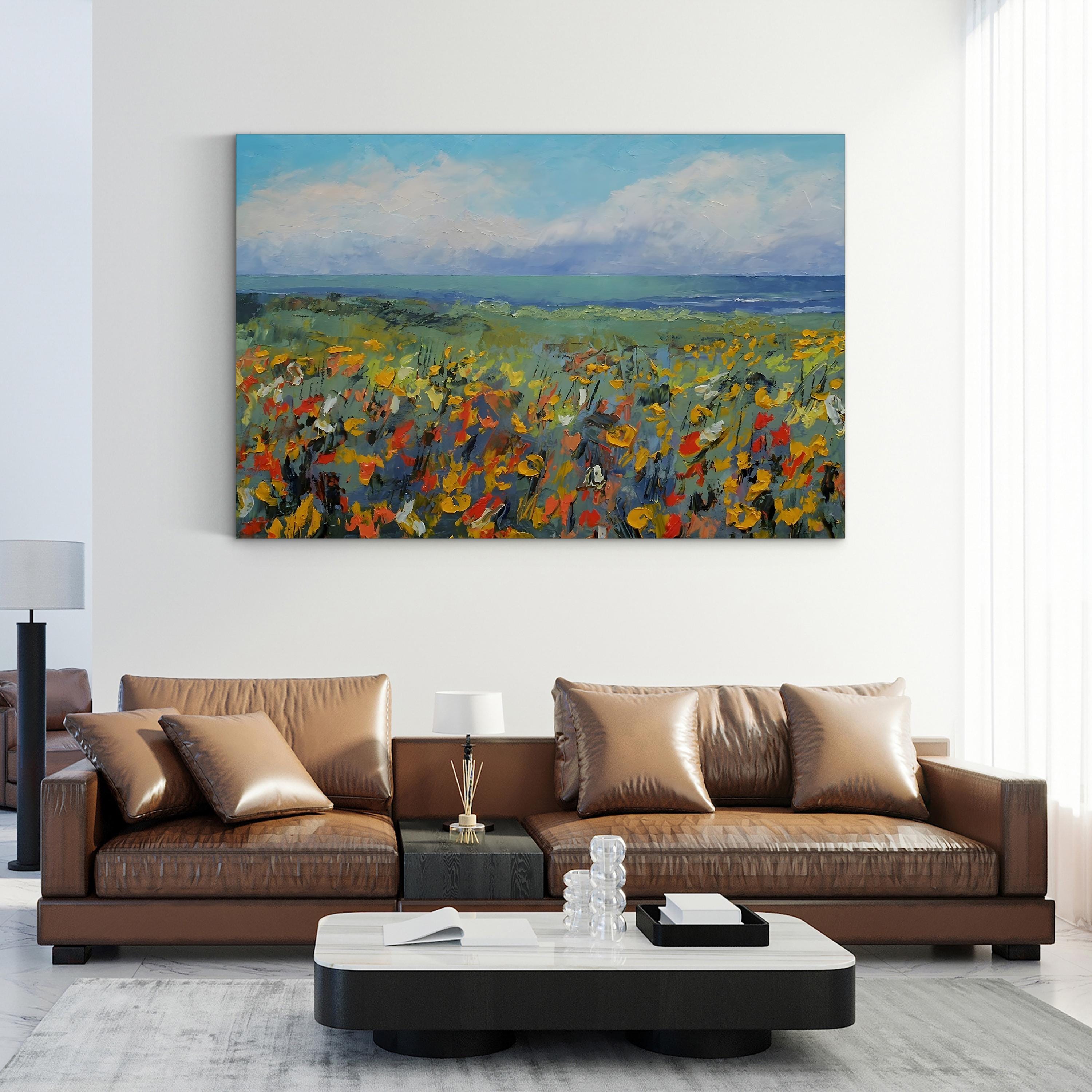 Wildflower Seascape Shoreline – Period Illustration Wall Art | Coastal Nature Canvas Print