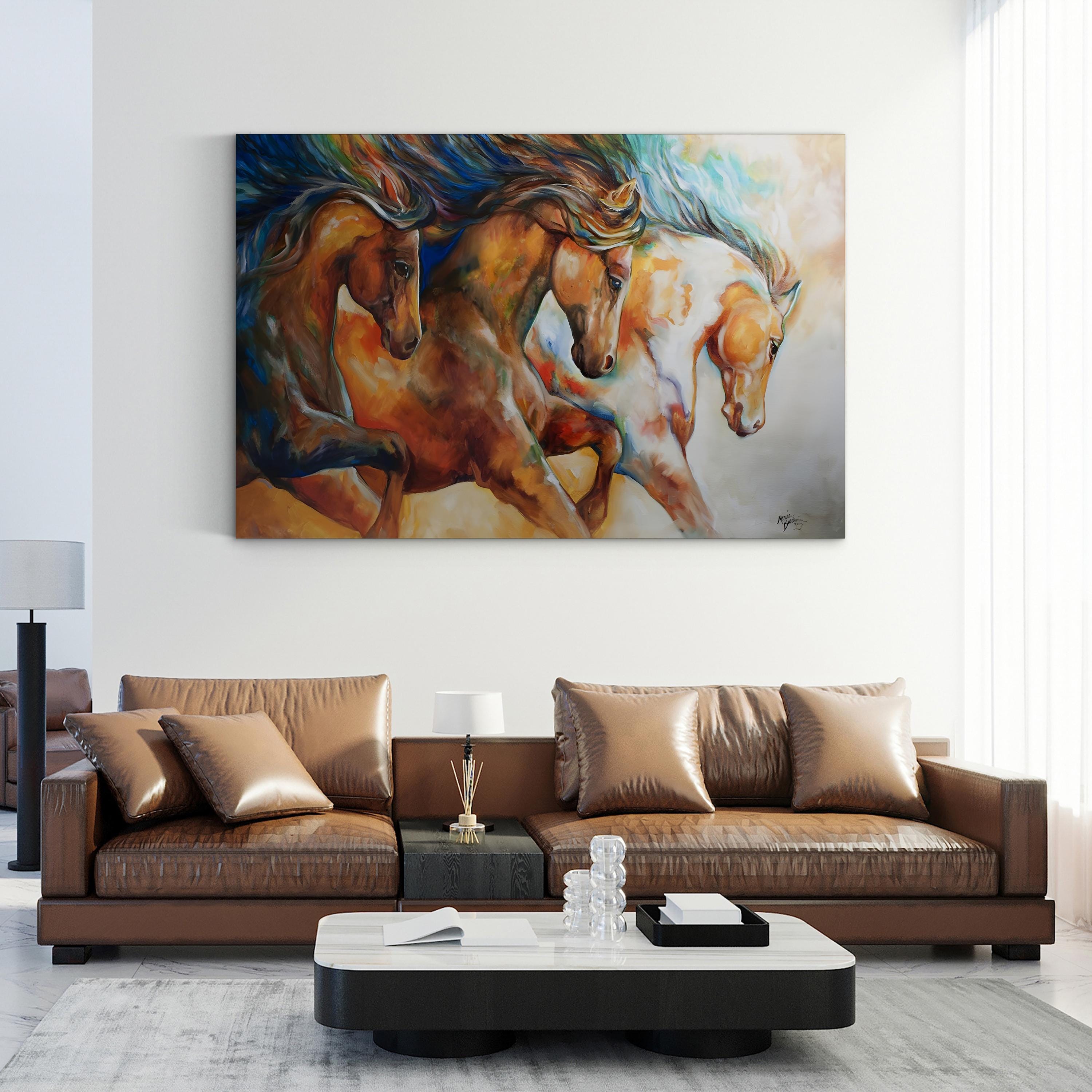 Wild Mustangs Galloping Free – Period Illustration Wall Art | Western Landscape Canvas Print