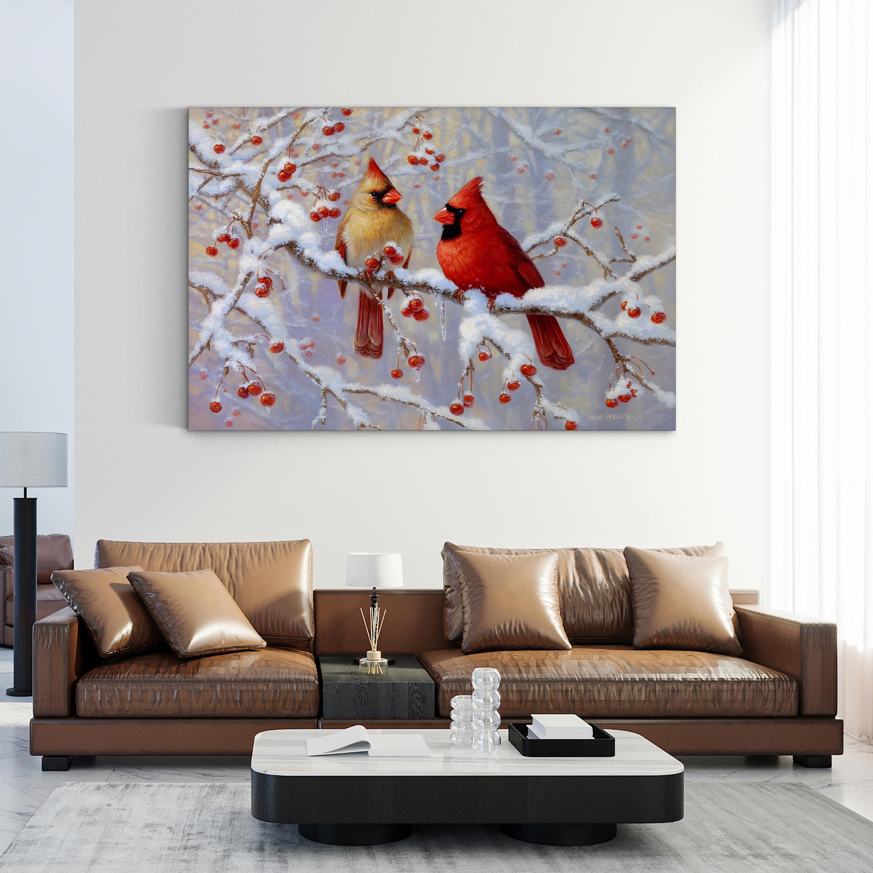 Winter Cardinals on Snowy Branches – Period Illustration Wall Art | Holiday Canvas Print
